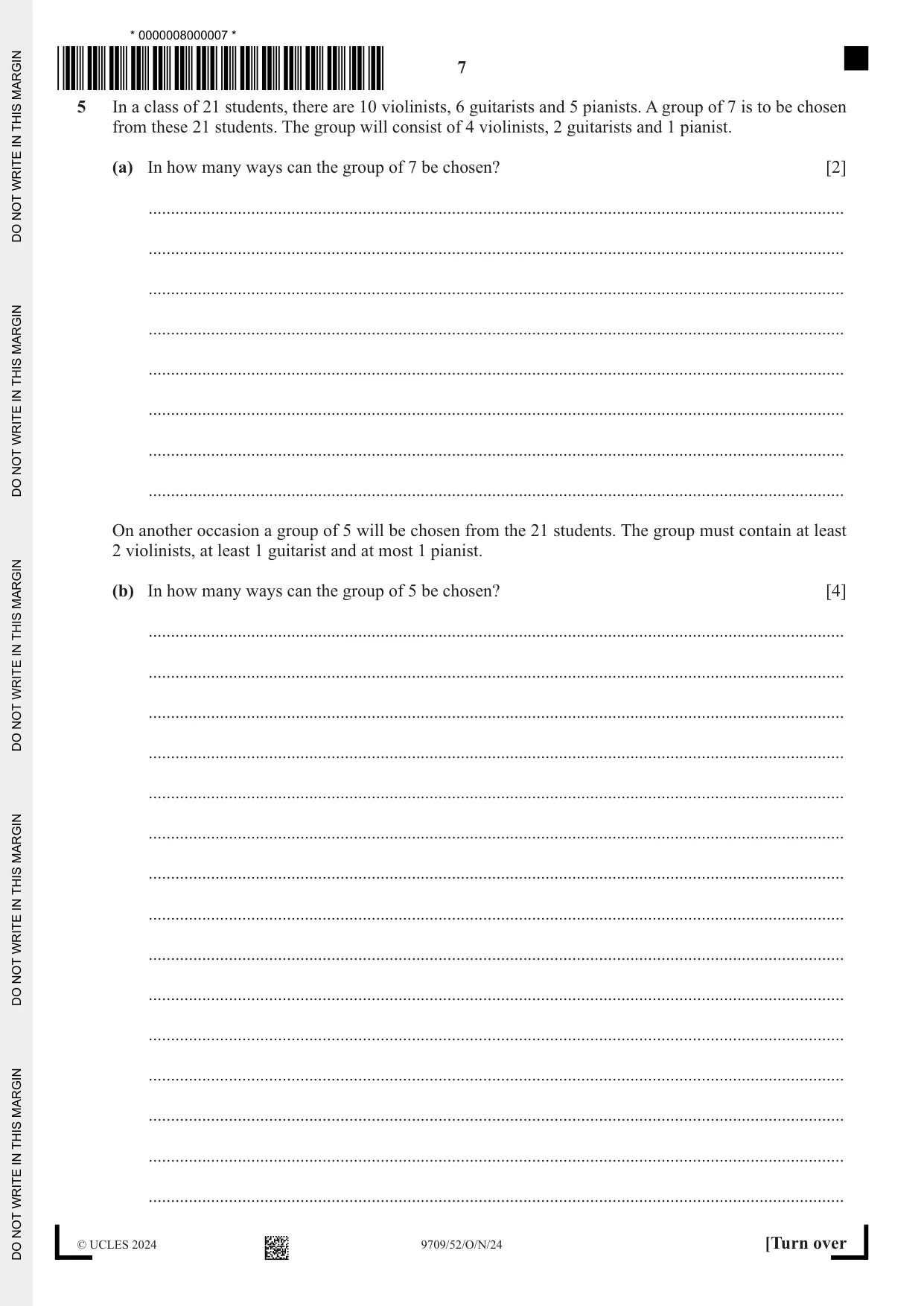 Cambridge A Level Mathematics 9709 2024 Oct/Nov Paper 5 · Variant 2 question paper, page 7 of 12
