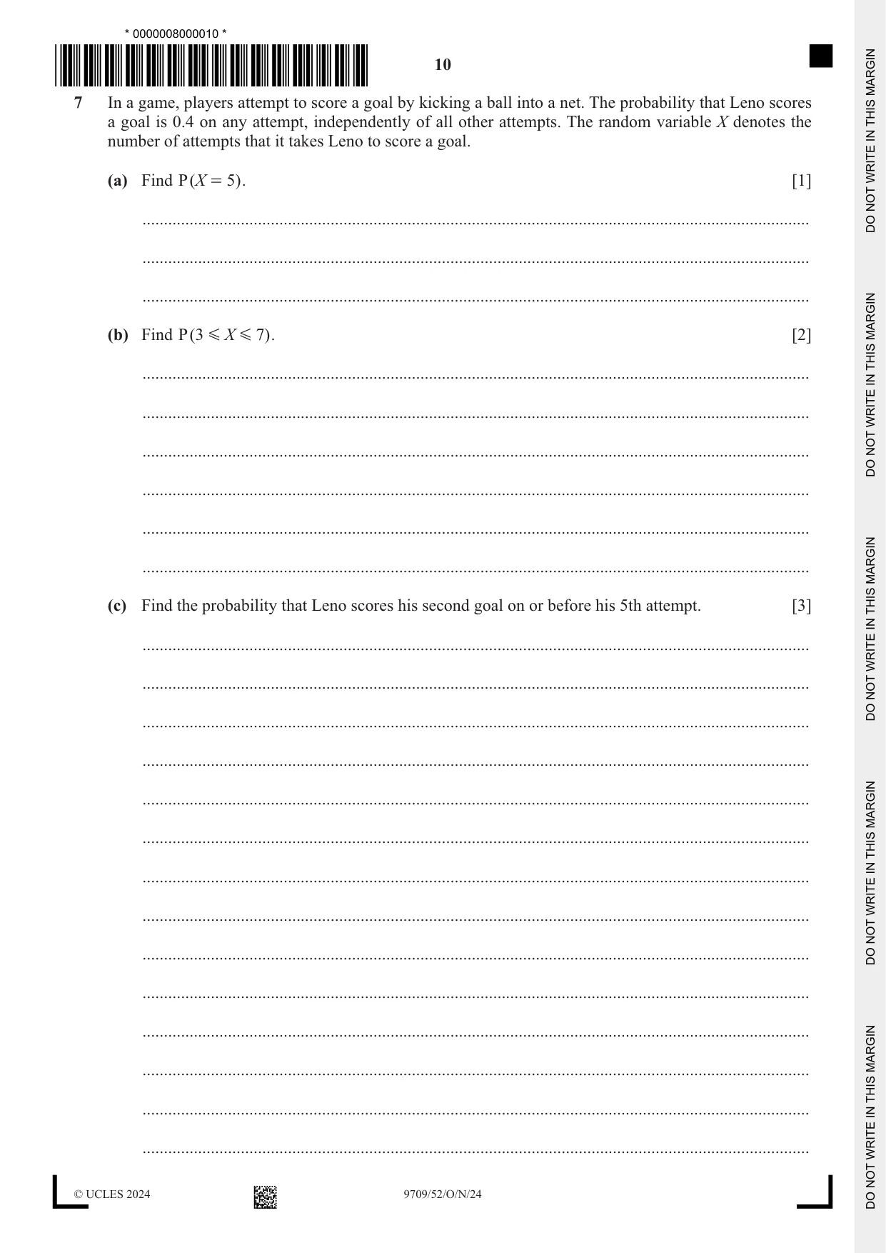Cambridge A Level Mathematics 9709 2024 Oct/Nov Paper 5 · Variant 2 question paper, page 10 of 12