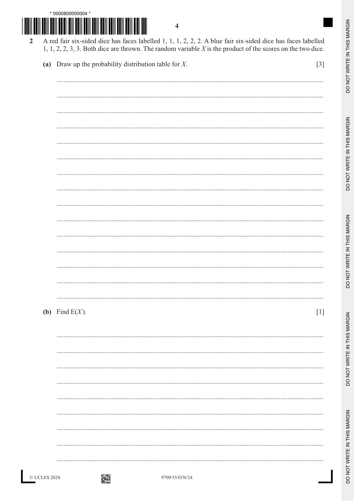 Cambridge A Level Mathematics 9709 2024 Oct/Nov Paper 5 · Variant 3 question paper, page 4 of 12