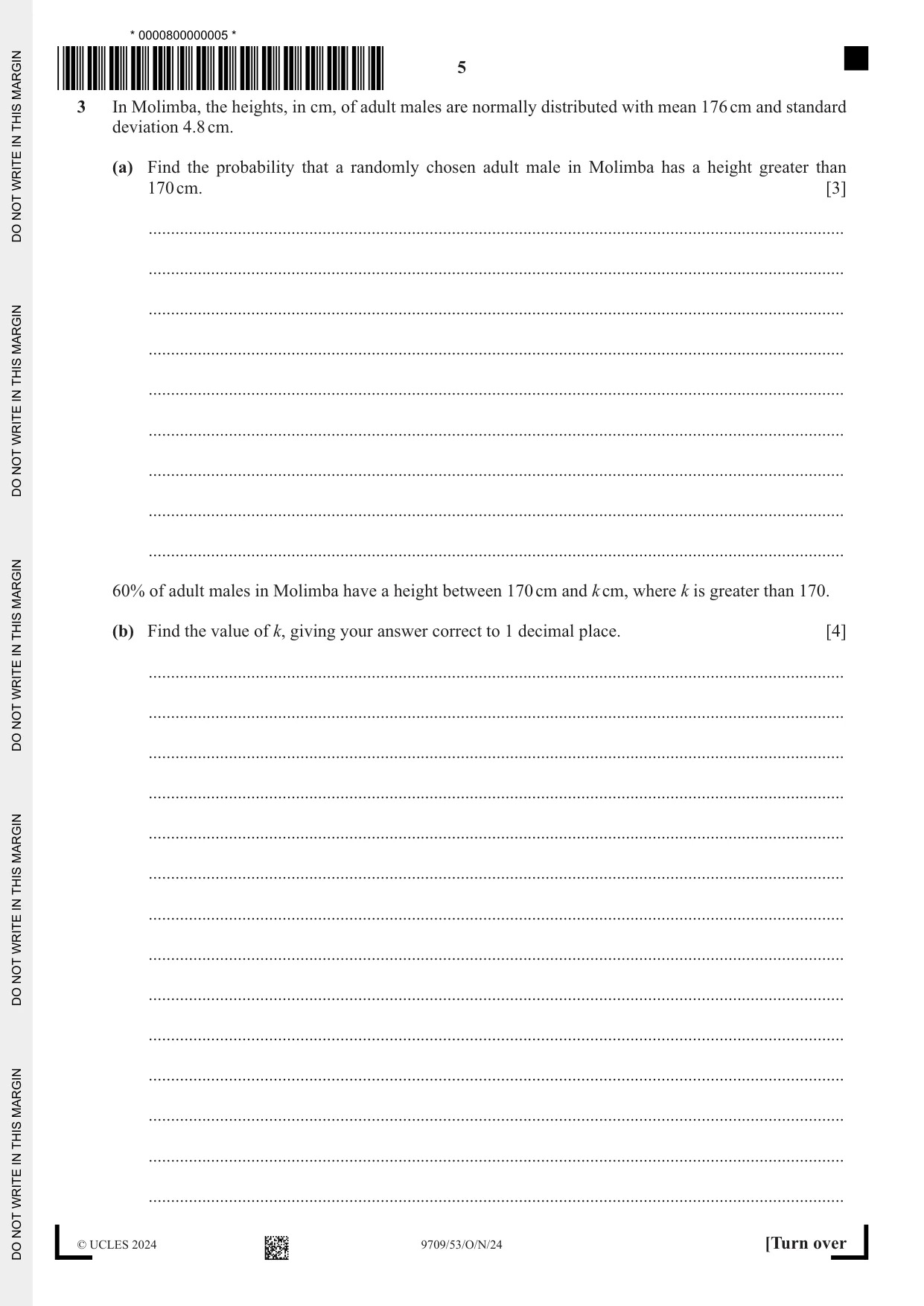 Cambridge A Level Mathematics 9709 2024 Oct/Nov Paper 5 · Variant 3 question paper, page 5 of 12
