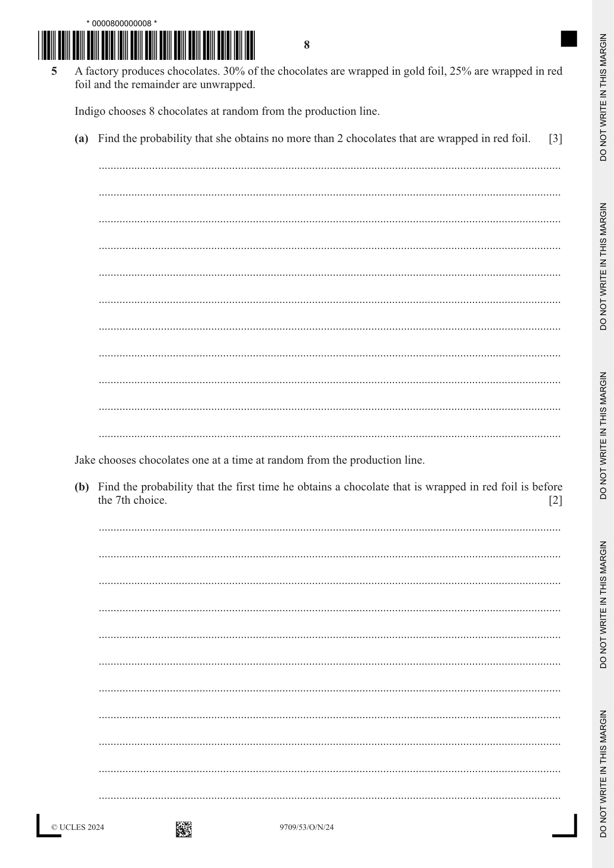 Cambridge A Level Mathematics 9709 2024 Oct/Nov Paper 5 · Variant 3 question paper, page 8 of 12