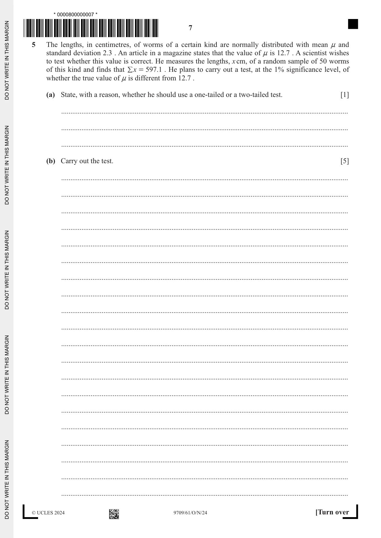 Cambridge A Level Mathematics 9709 2024 Oct/Nov Paper 6 · Variant 1 question paper, page 7 of 12