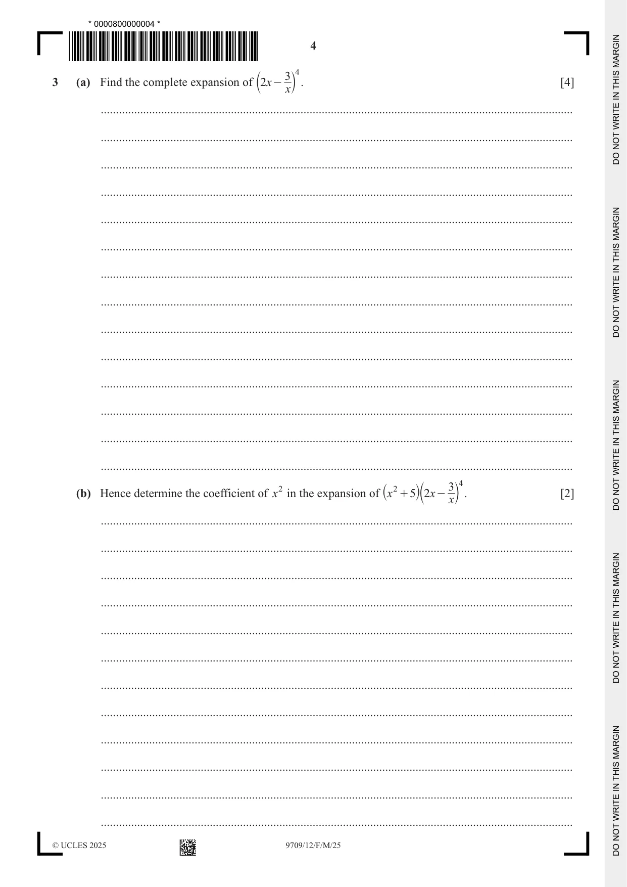 Cambridge A Level Mathematics 9709 2025 Feb/March Paper 1 · Variant 2 question paper, page 4 of 16