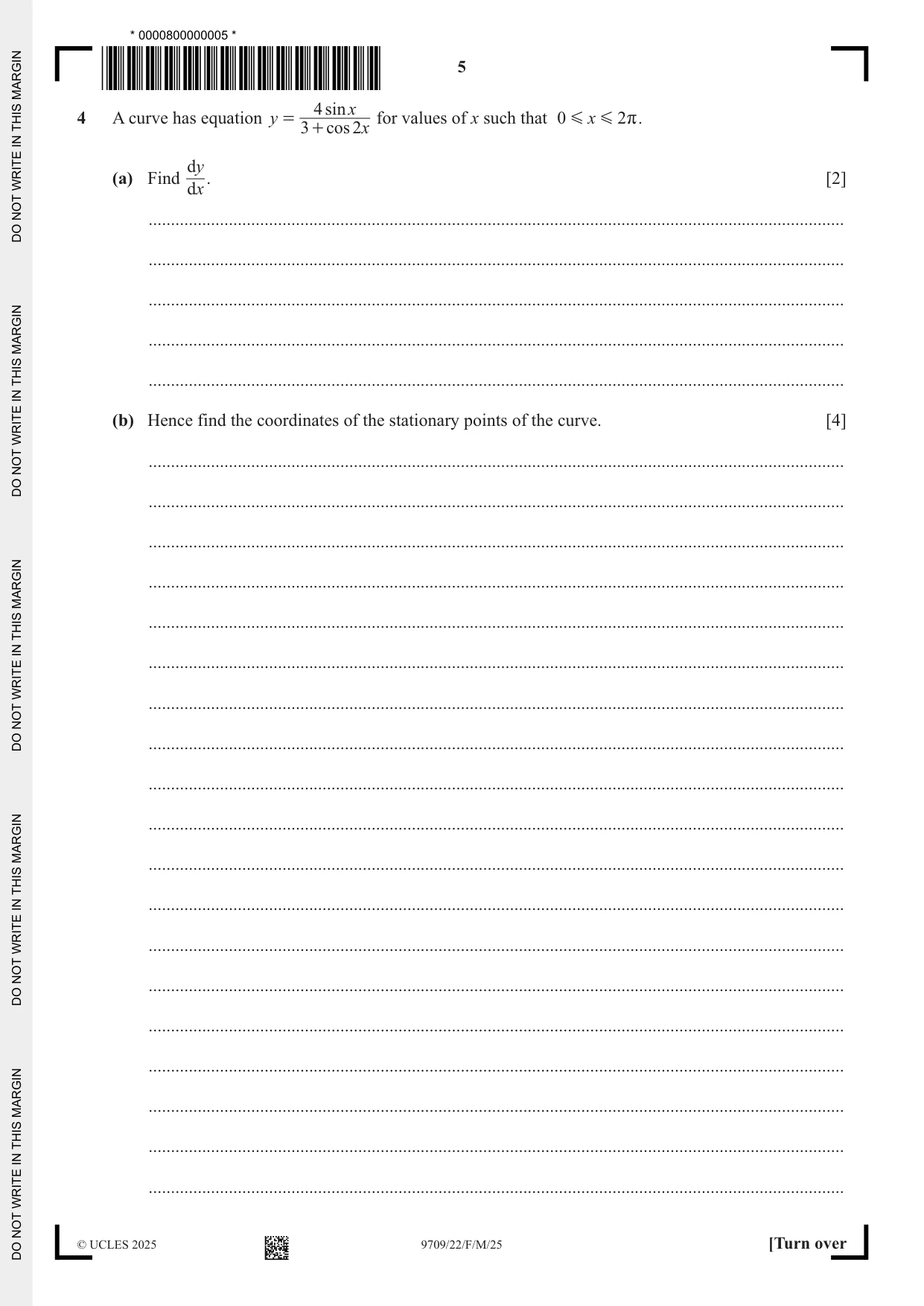 Cambridge A Level Mathematics 9709 2025 Feb/March Paper 2 · Variant 2 question paper, page 5 of 12