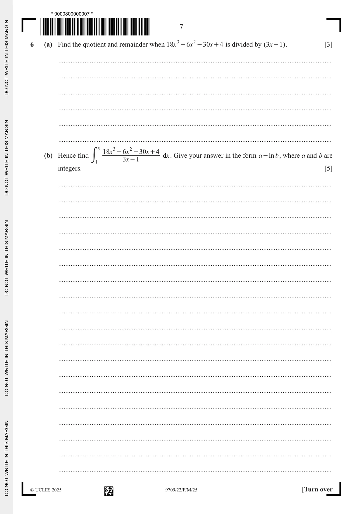 Cambridge A Level Mathematics 9709 2025 Feb/March Paper 2 · Variant 2 question paper, page 7 of 12