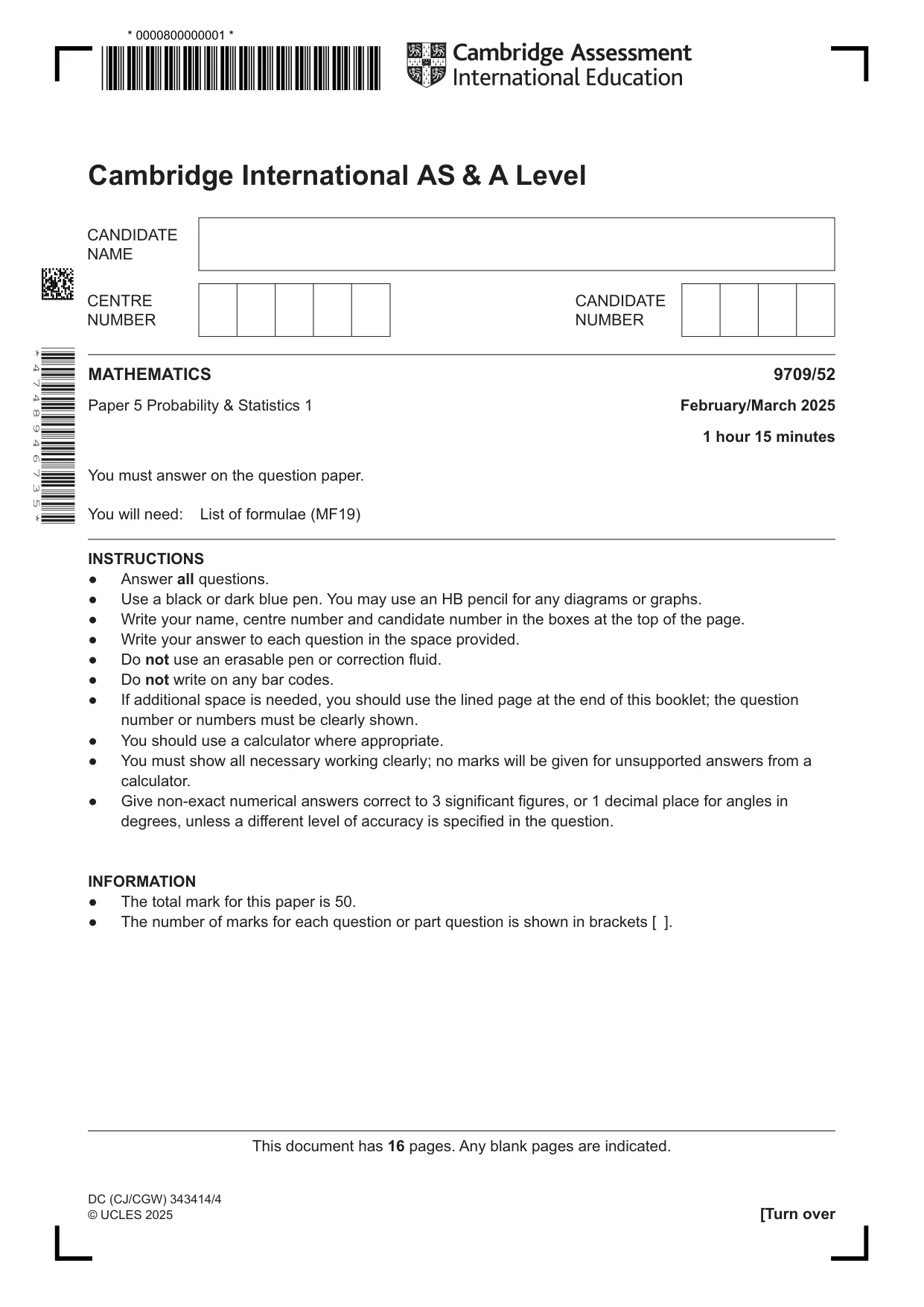 Cambridge A Level Mathematics 9709 2025 Feb/March Paper 5 · Variant 2 question paper, page 1 of 16