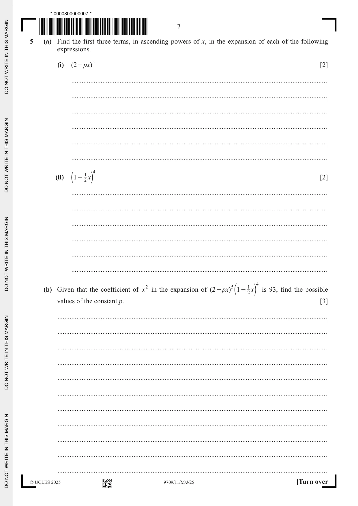 Cambridge A Level Mathematics 9709 2025 May/June Paper 1 · Variant 1 question paper, page 7 of 20