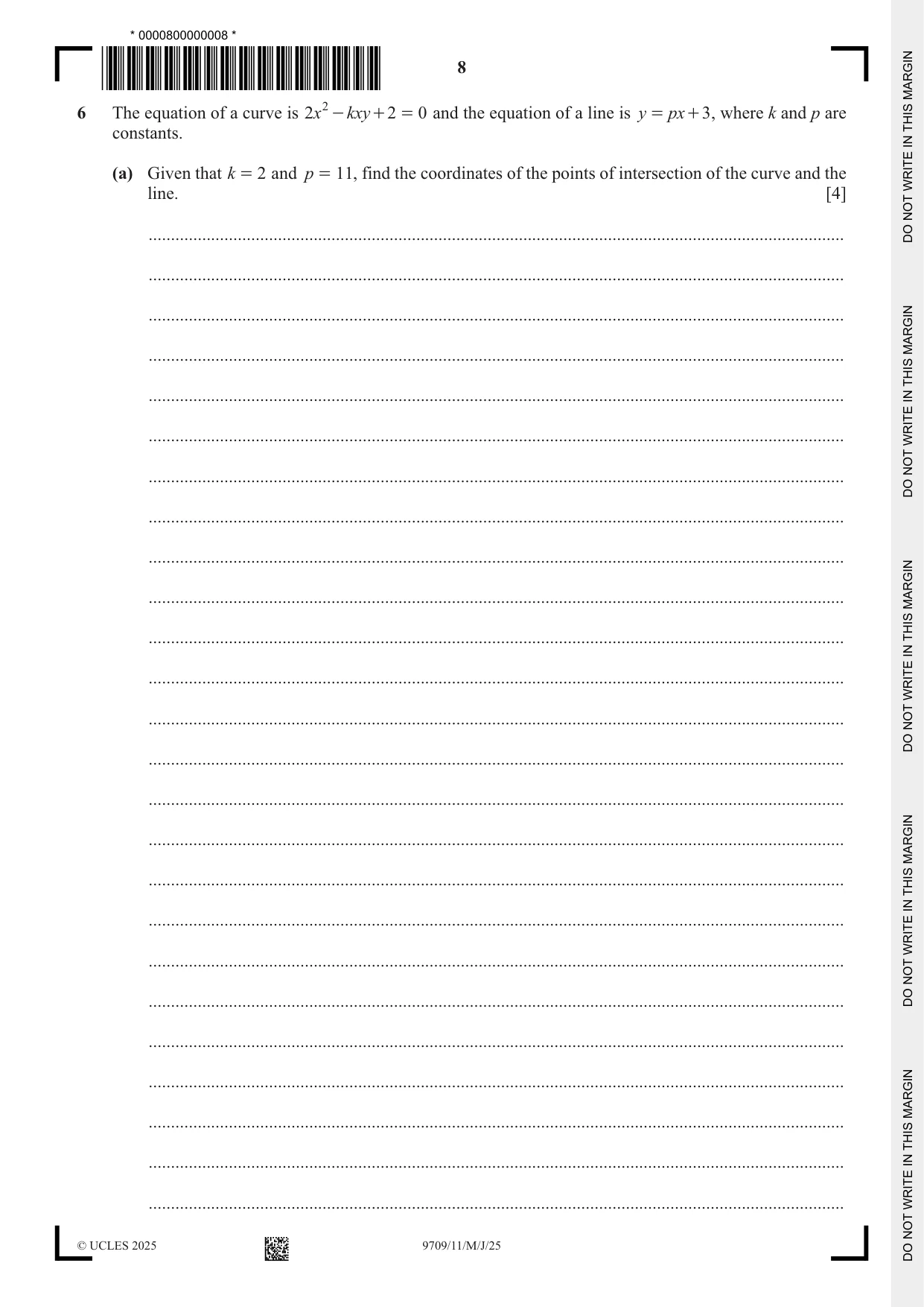 Cambridge A Level Mathematics 9709 2025 May/June Paper 1 · Variant 1 question paper, page 8 of 20