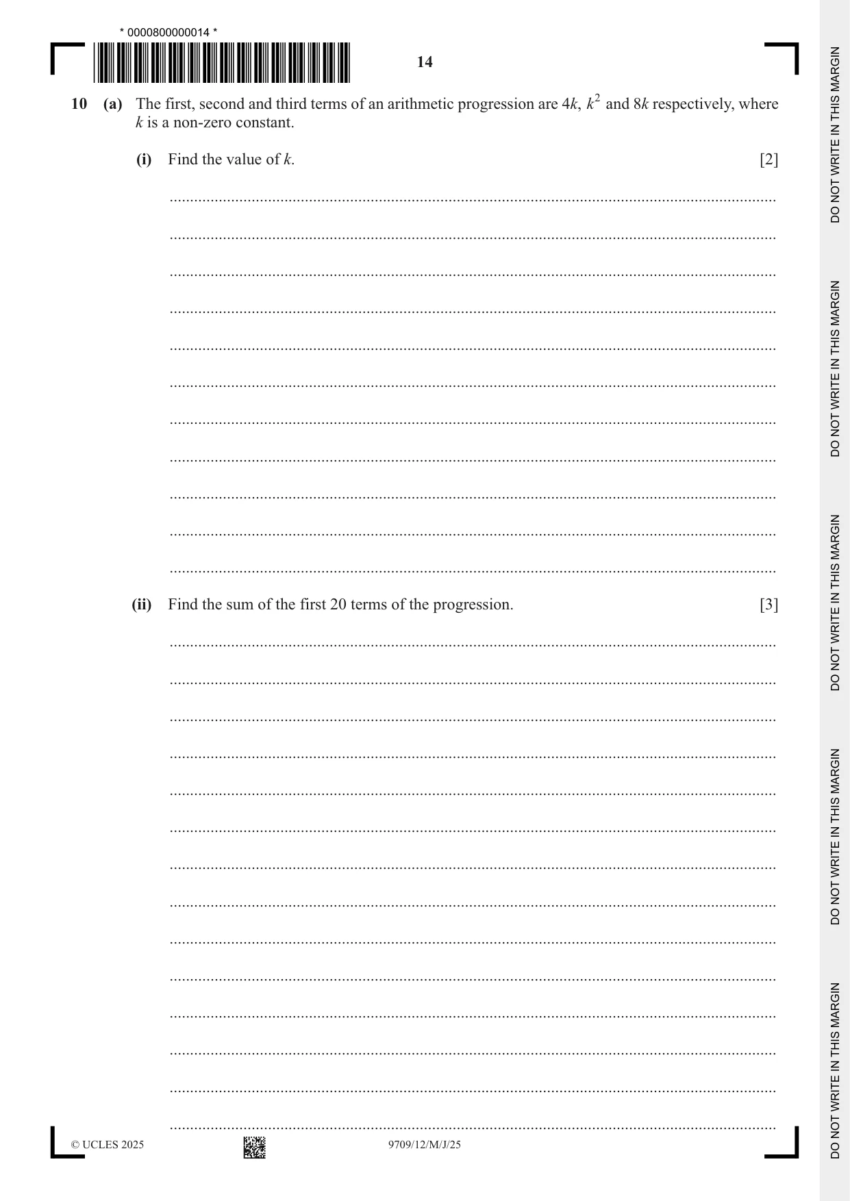 Cambridge A Level Mathematics 9709 2025 May/June Paper 1 · Variant 2 question paper, page 14 of 20
