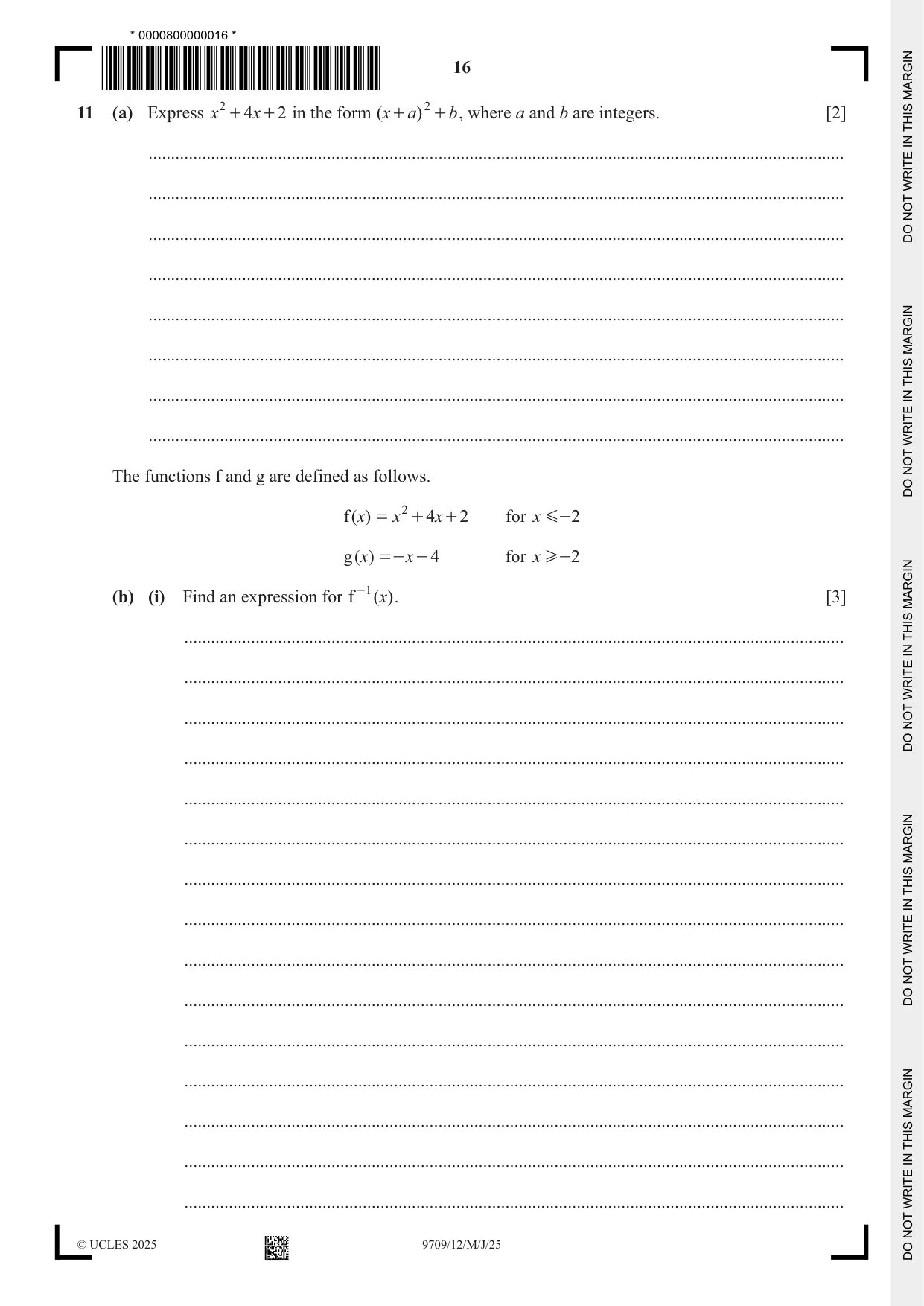 Cambridge A Level Mathematics 9709 2025 May/June Paper 1 · Variant 2 question paper, page 16 of 20