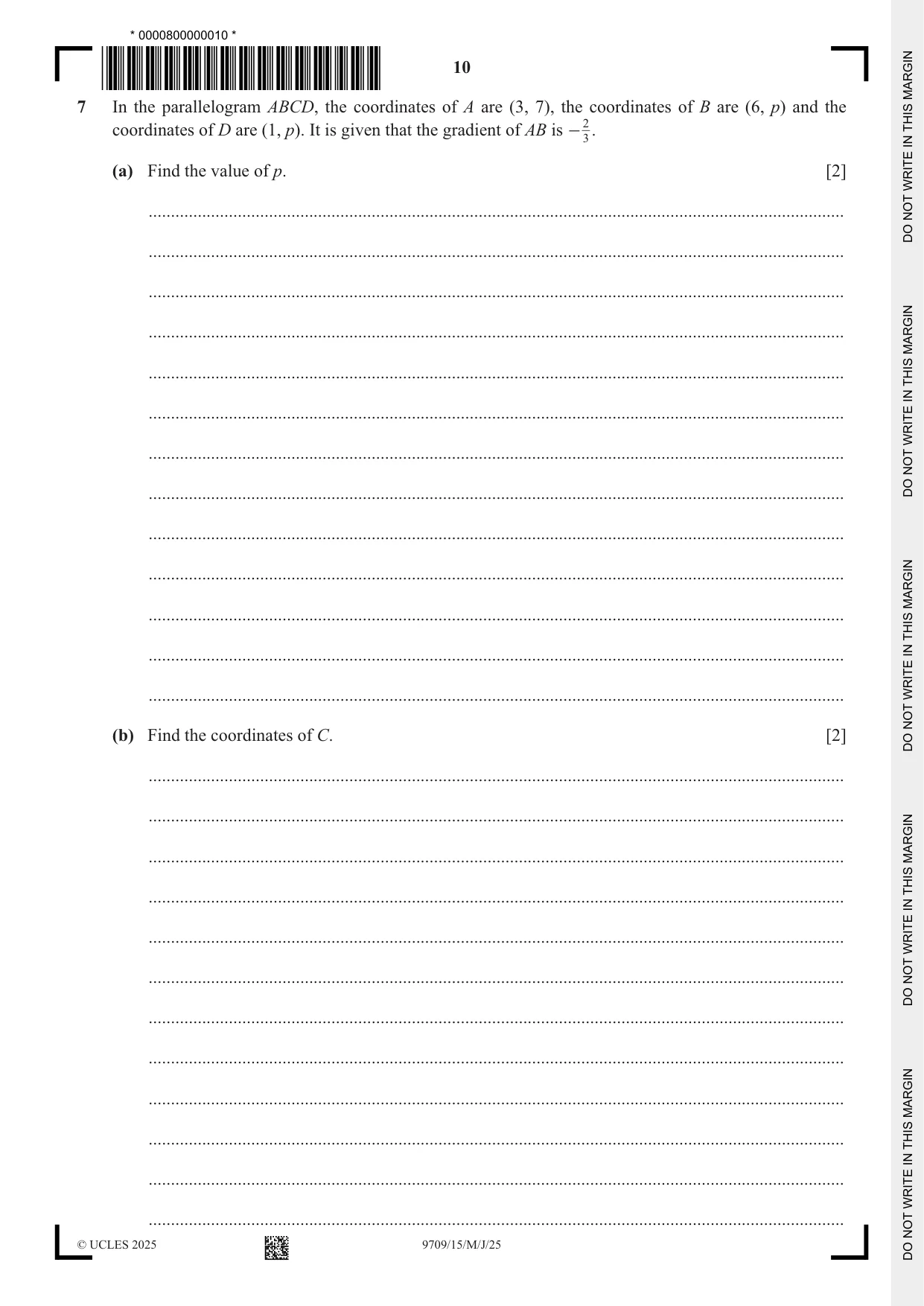 Cambridge A Level Mathematics 9709 2025 May/June Paper 1 · Variant 5 question paper, page 10 of 20