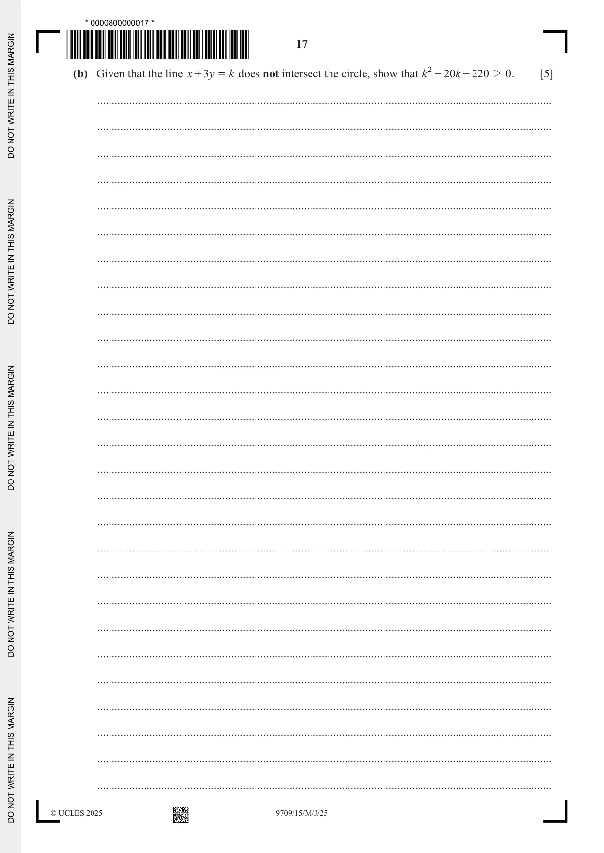 Cambridge A Level Mathematics 9709 2025 May/June Paper 1 · Variant 5 question paper, page 17 of 20