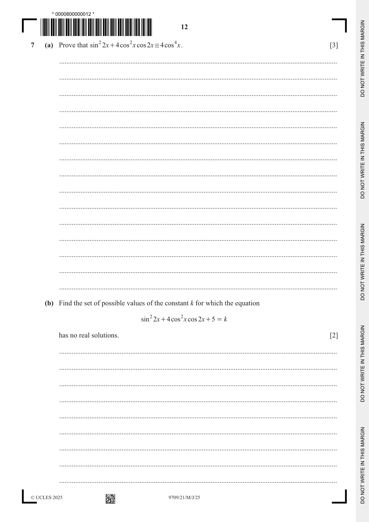 Cambridge A Level Mathematics 9709 2025 May/June Paper 2 · Variant 1 question paper, page 12 of 16