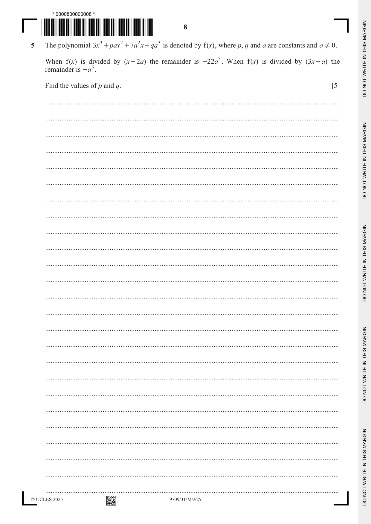Cambridge A Level Mathematics 9709 2025 May/June Paper 3 · Variant 1 question paper, page 8 of 20