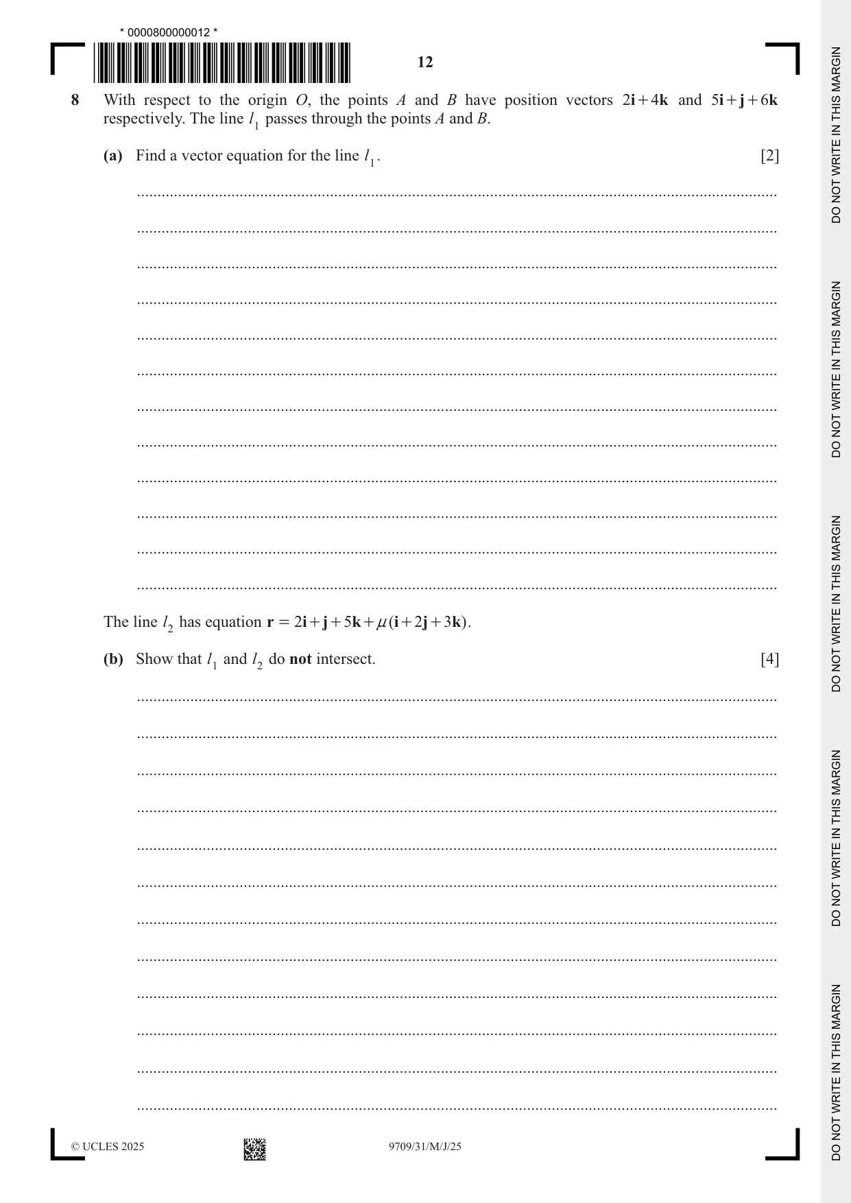 Cambridge A Level Mathematics 9709 2025 May/June Paper 3 · Variant 1 question paper, page 12 of 20