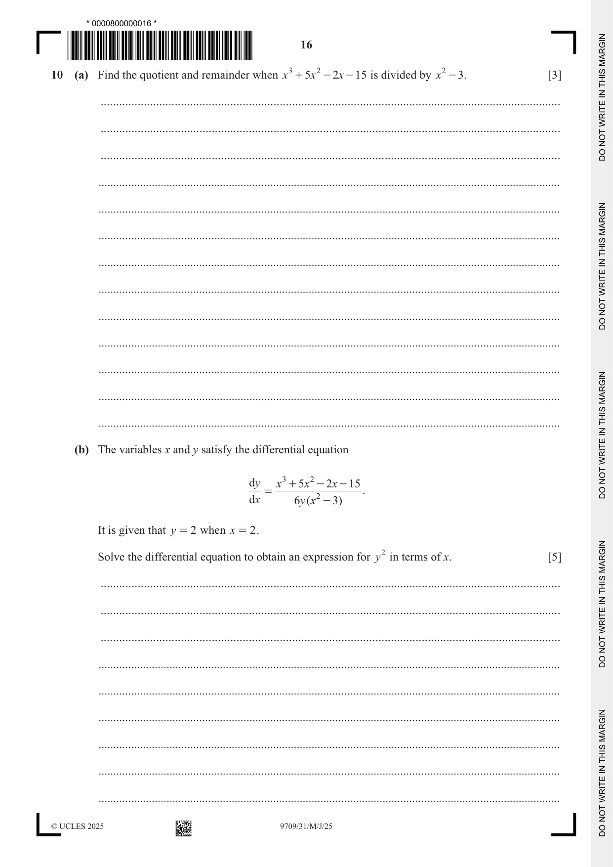 Cambridge A Level Mathematics 9709 2025 May/June Paper 3 · Variant 1 question paper, page 16 of 20