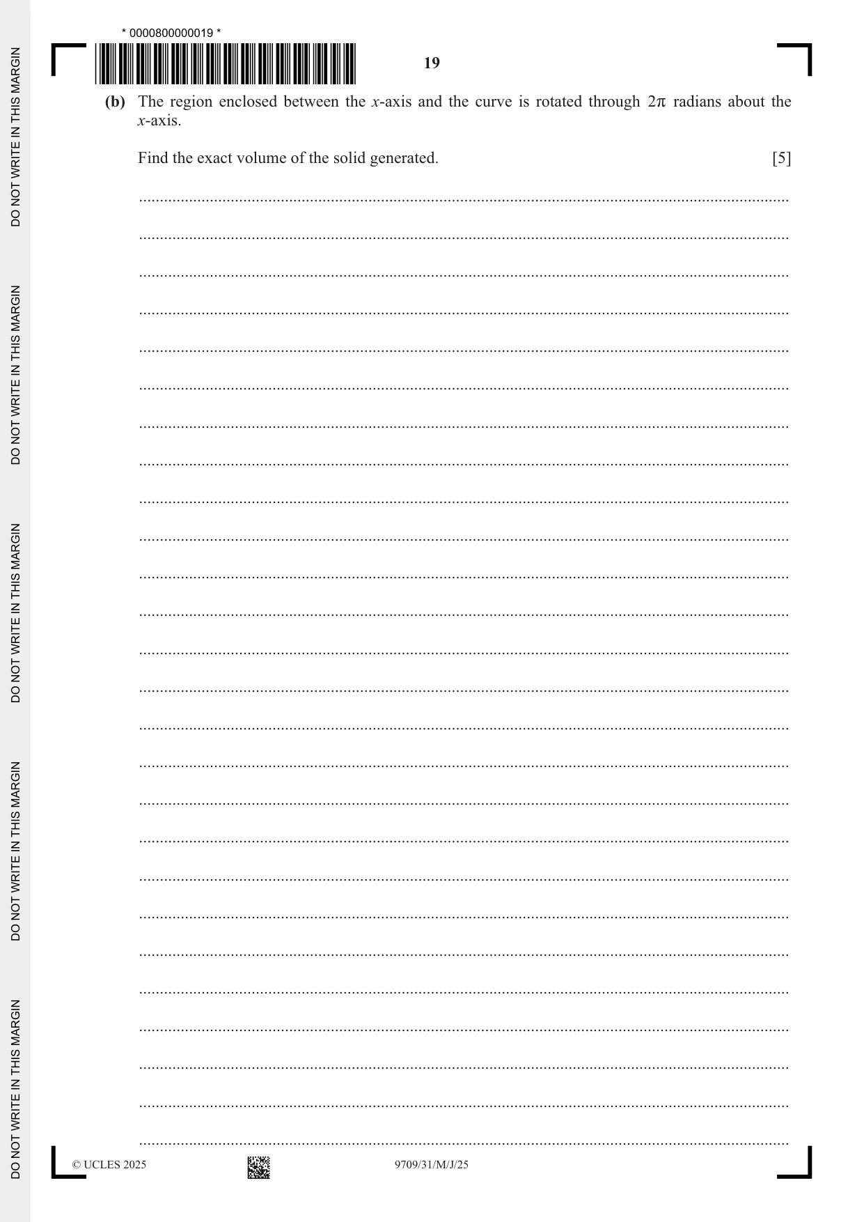 Cambridge A Level Mathematics 9709 2025 May/June Paper 3 · Variant 1 question paper, page 19 of 20