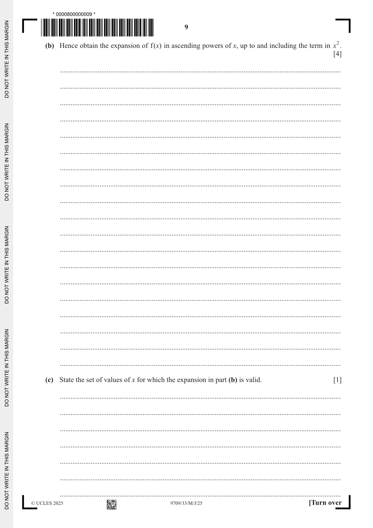Cambridge A Level Mathematics 9709 2025 May/June Paper 3 · Variant 3 question paper, page 9 of 20
