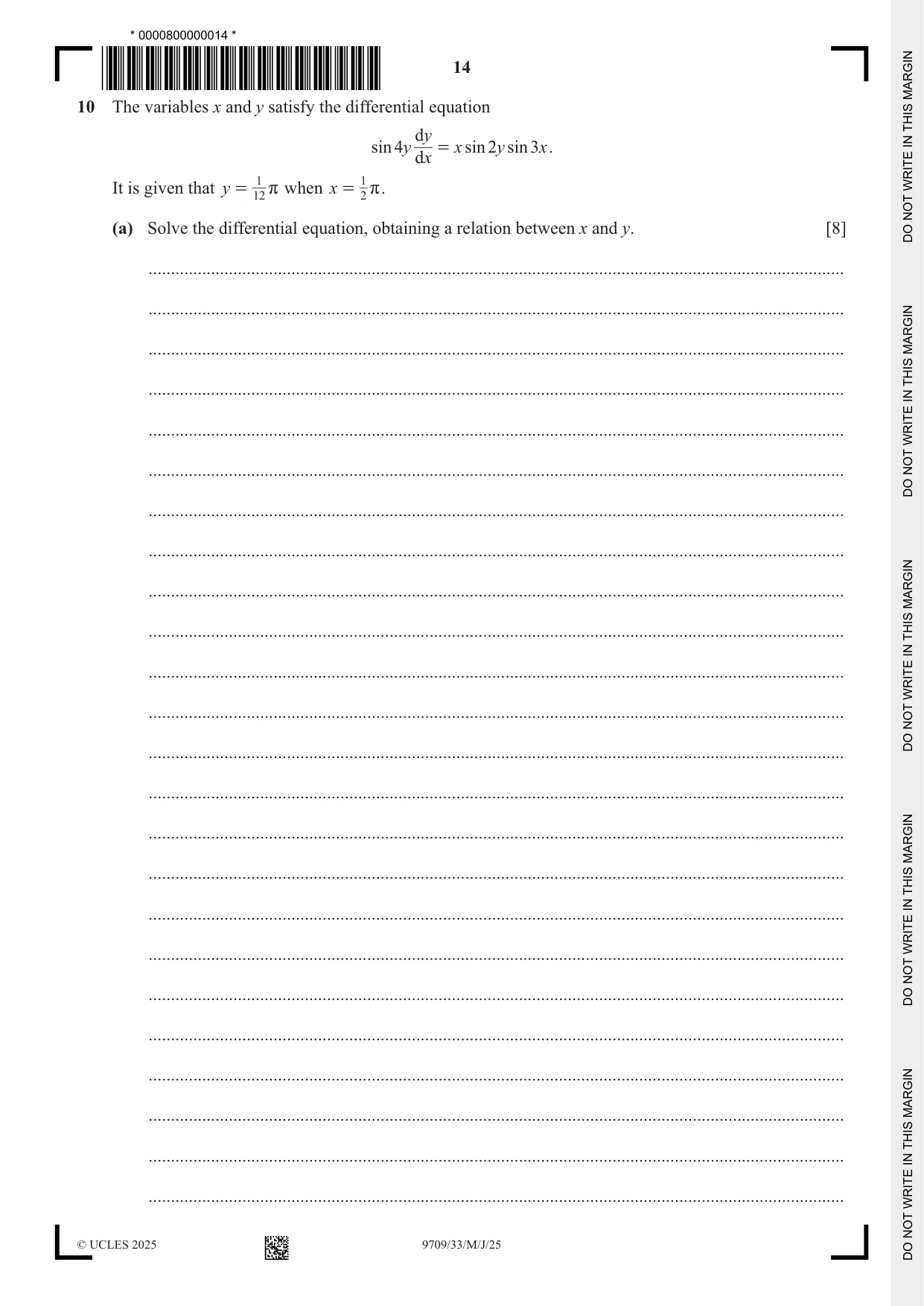 Cambridge A Level Mathematics 9709 2025 May/June Paper 3 · Variant 3 question paper, page 14 of 20