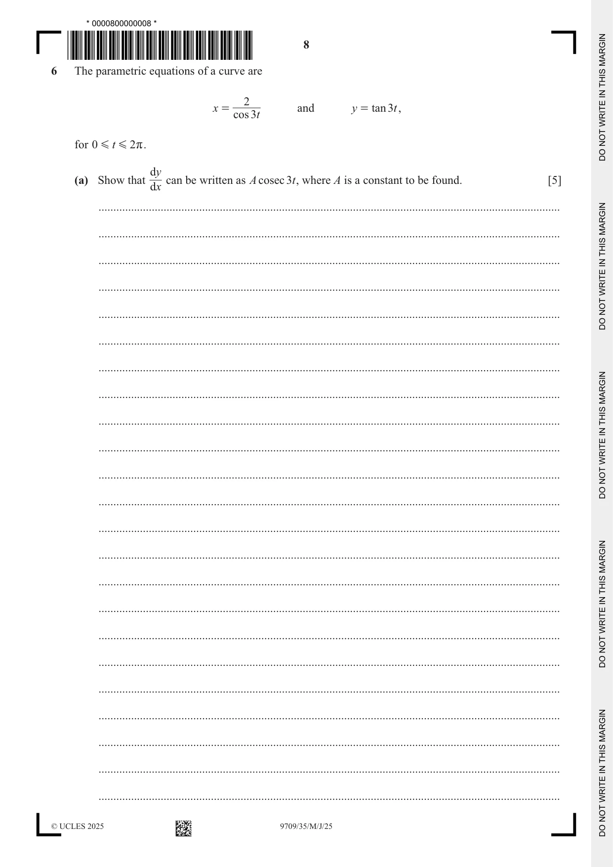 Cambridge A Level Mathematics 9709 2025 May/June Paper 3 · Variant 5 question paper, page 8 of 20