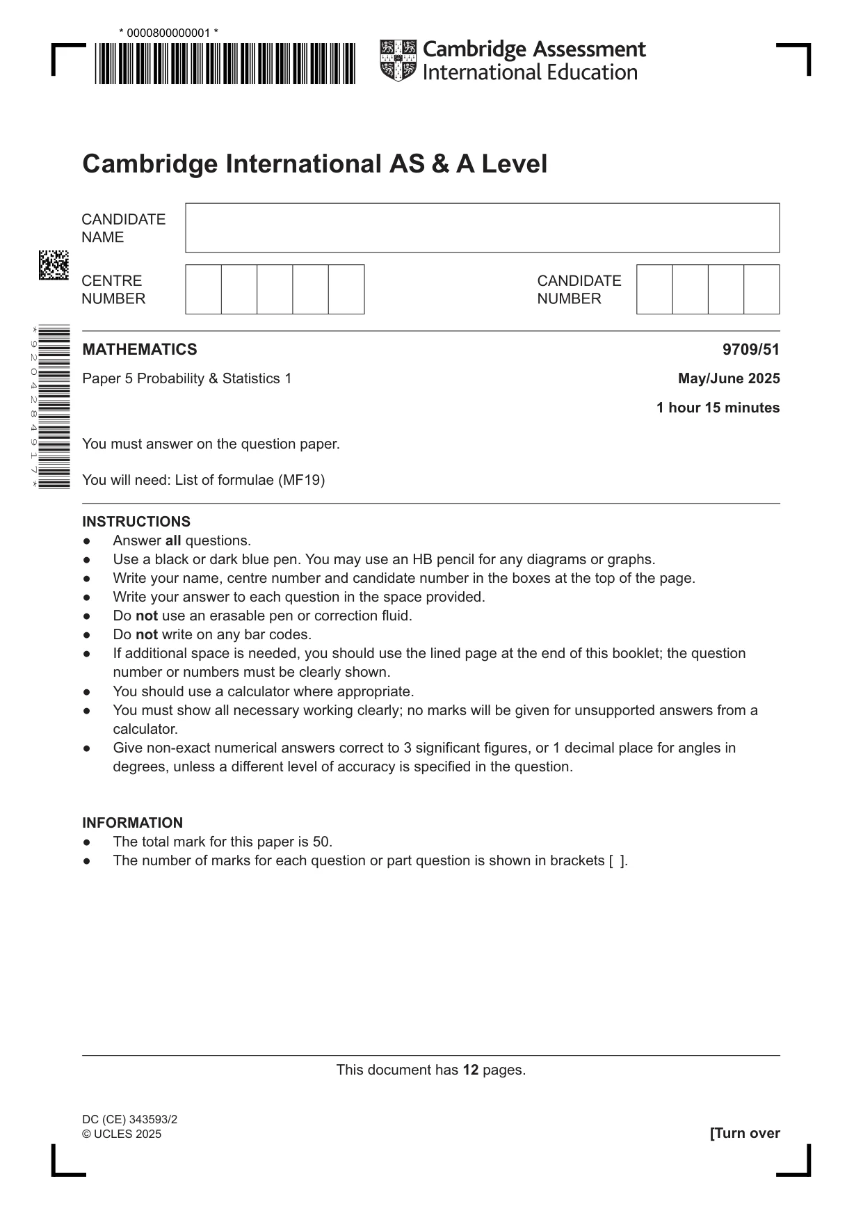 Cambridge A Level Mathematics 9709 2025 May/June Paper 5 · Variant 1 question paper, page 1 of 12