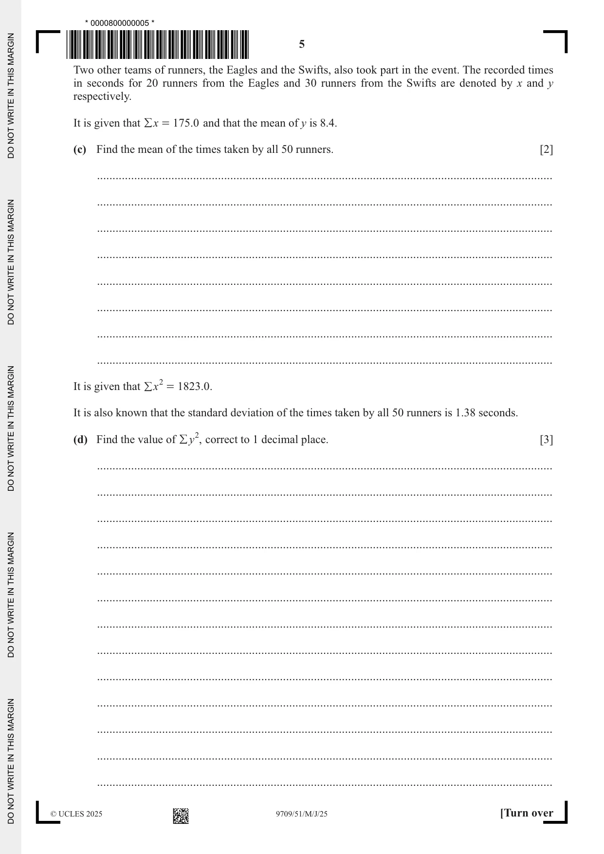 Cambridge A Level Mathematics 9709 2025 May/June Paper 5 · Variant 1 question paper, page 5 of 12