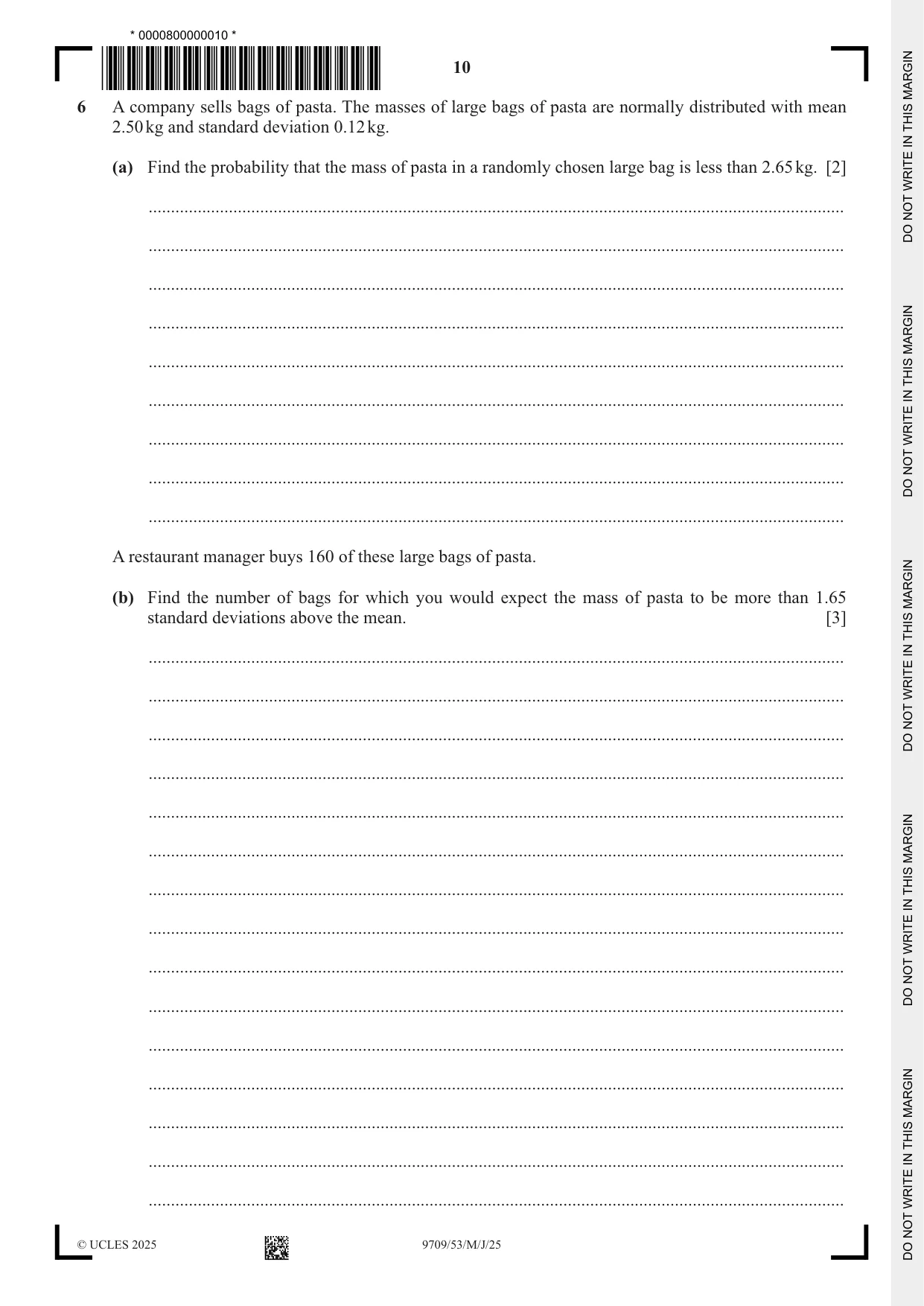 Cambridge A Level Mathematics 9709 2025 May/June Paper 5 · Variant 3 question paper, page 10 of 16