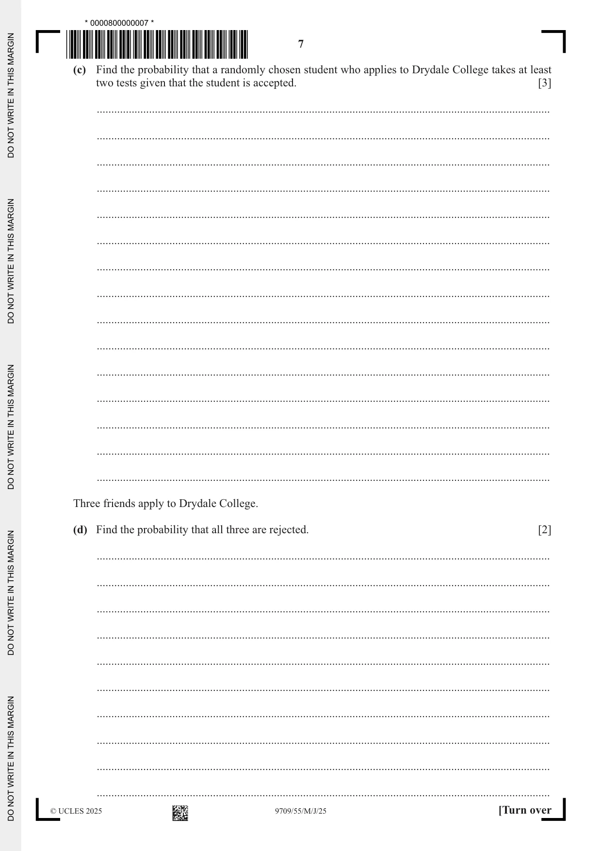 Cambridge A Level Mathematics 9709 2025 May/June Paper 5 · Variant 5 question paper, page 7 of 12