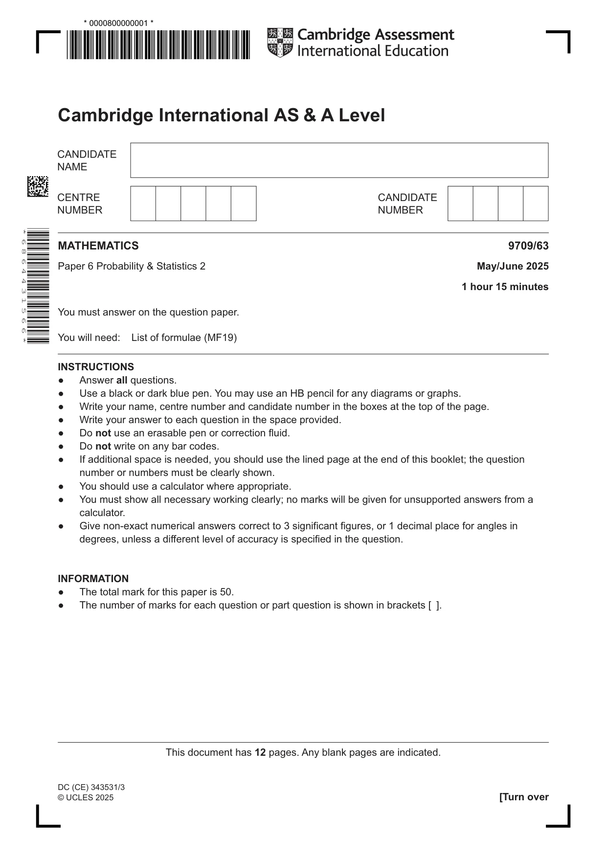 Cambridge A Level Mathematics 9709 2025 May/June Paper 6 · Variant 3 question paper, page 1 of 12