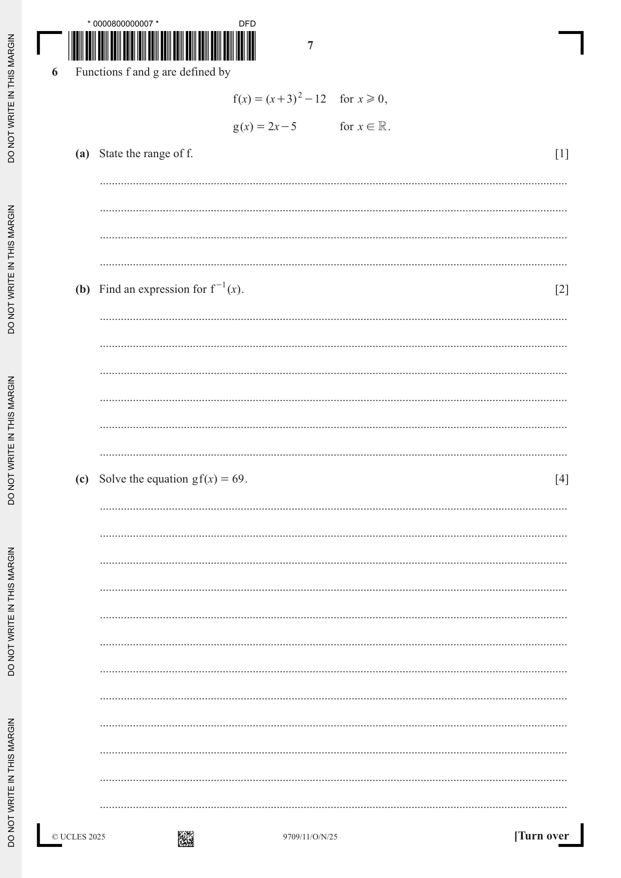 Cambridge A Level Mathematics 9709 2025 Oct/Nov Paper 1 · Variant 1 question paper, page 7 of 20