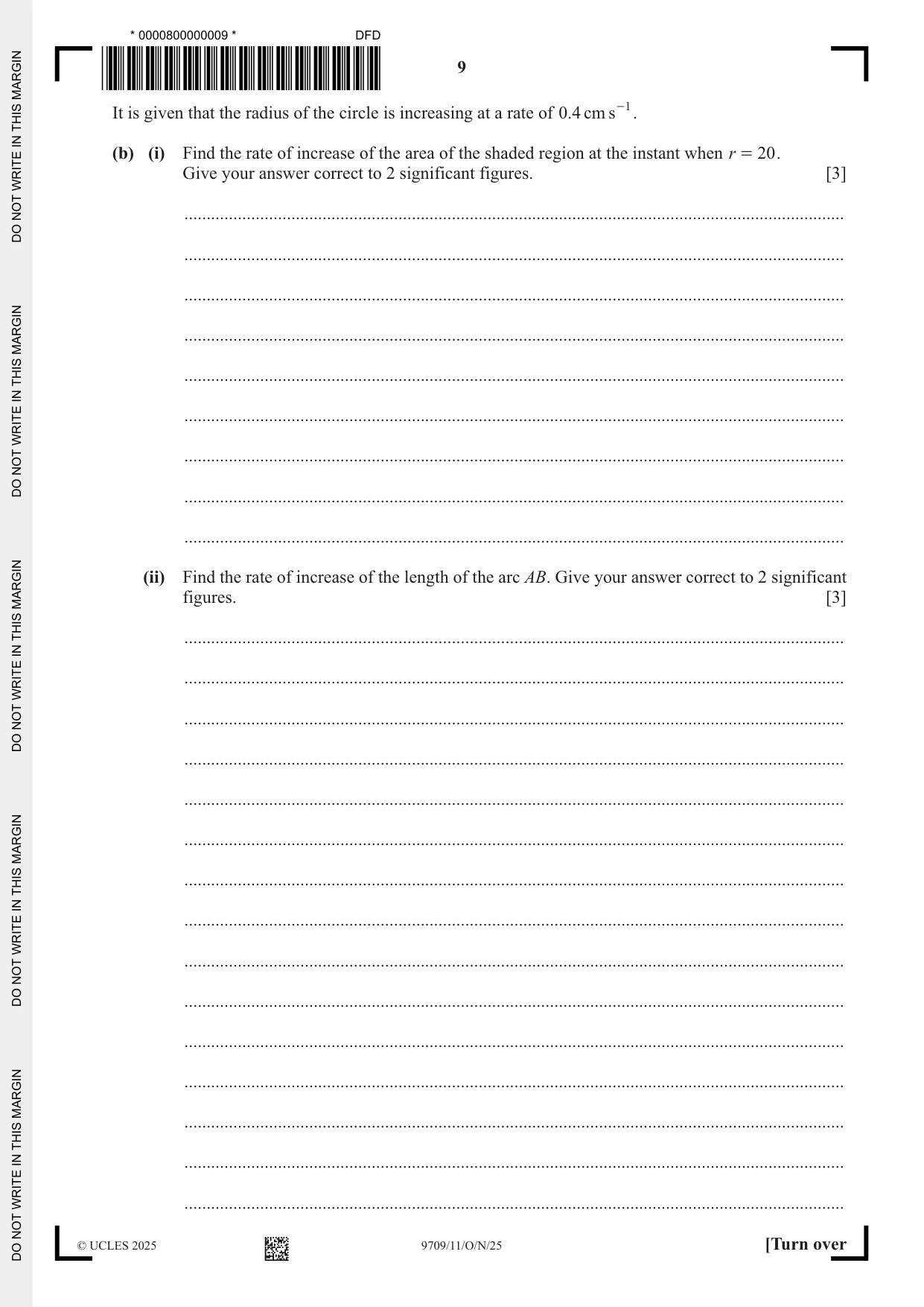 Cambridge A Level Mathematics 9709 2025 Oct/Nov Paper 1 · Variant 1 question paper, page 9 of 20