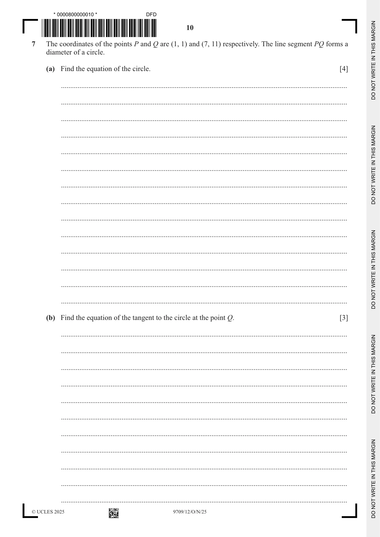 Cambridge A Level Mathematics 9709 2025 Oct/Nov Paper 1 · Variant 2 question paper, page 10 of 20