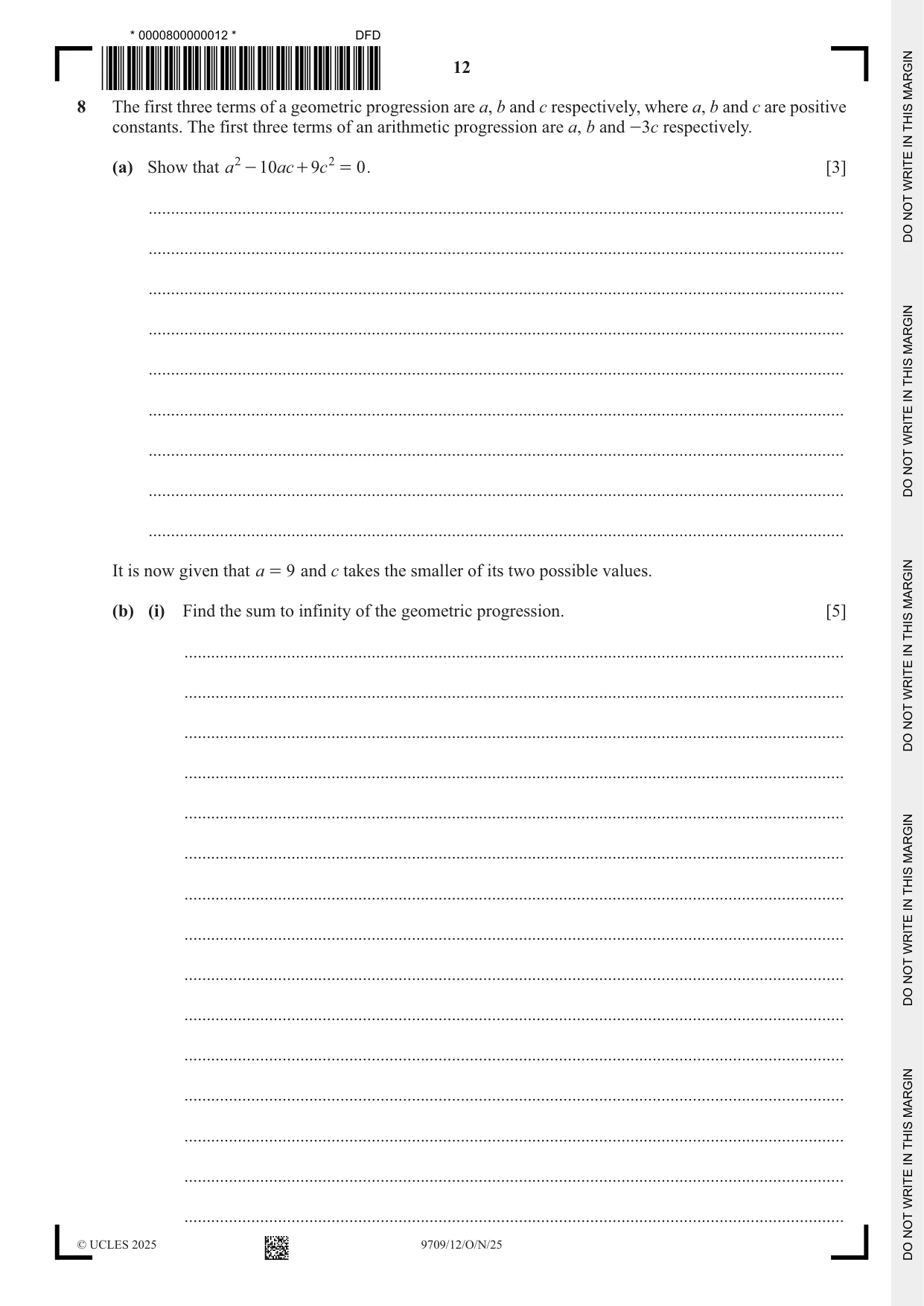 Cambridge A Level Mathematics 9709 2025 Oct/Nov Paper 1 · Variant 2 question paper, page 12 of 20