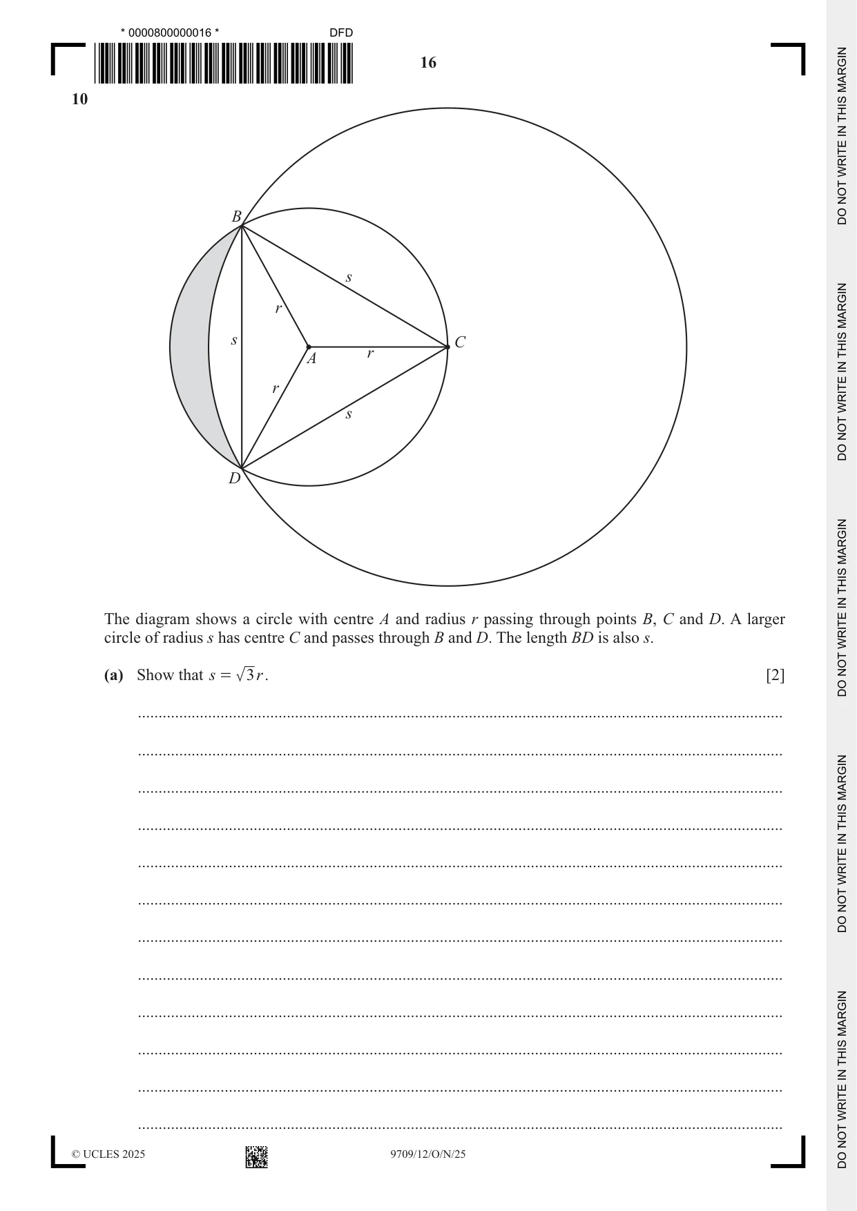 Cambridge A Level Mathematics 9709 2025 Oct/Nov Paper 1 · Variant 2 question paper, page 16 of 20