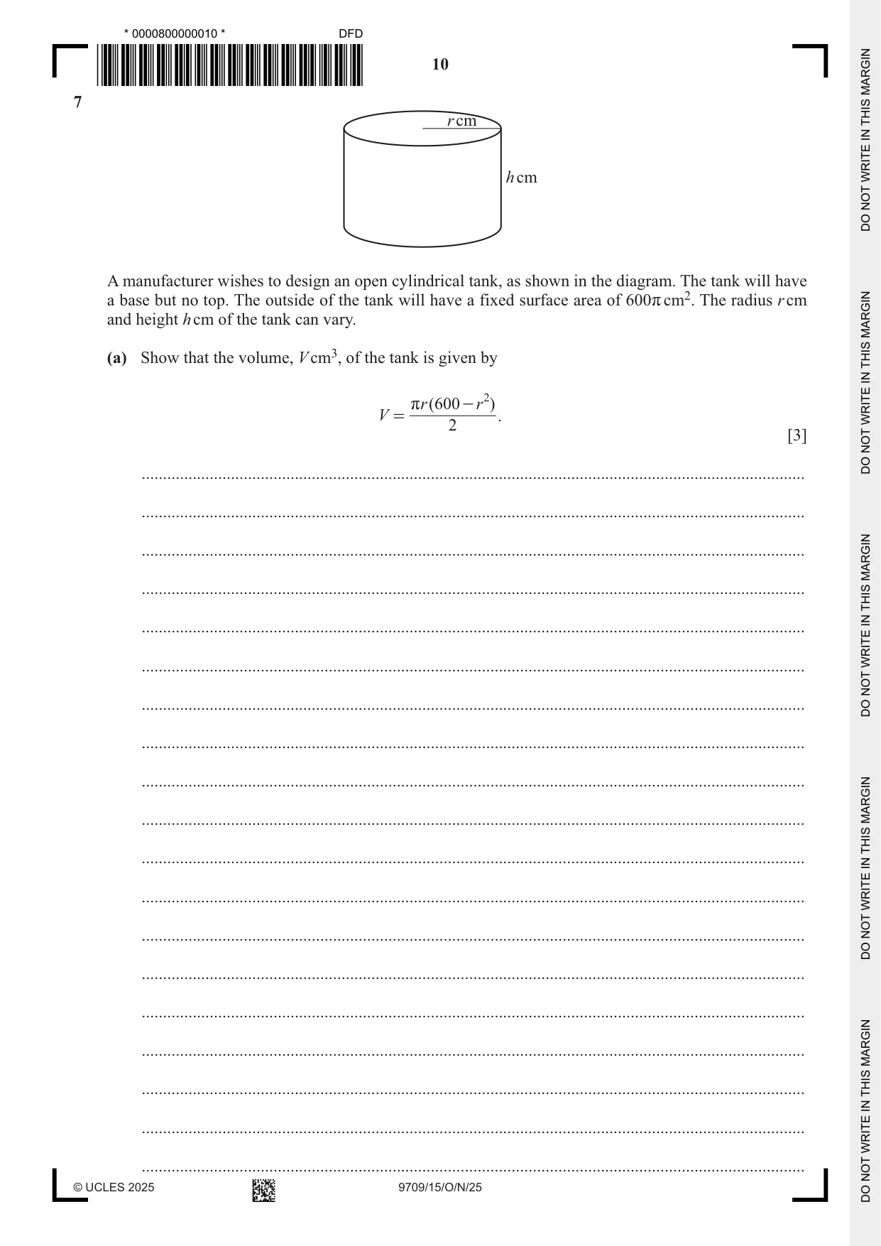 Cambridge A Level Mathematics 9709 2025 Oct/Nov Paper 1 · Variant 5 question paper, page 10 of 20