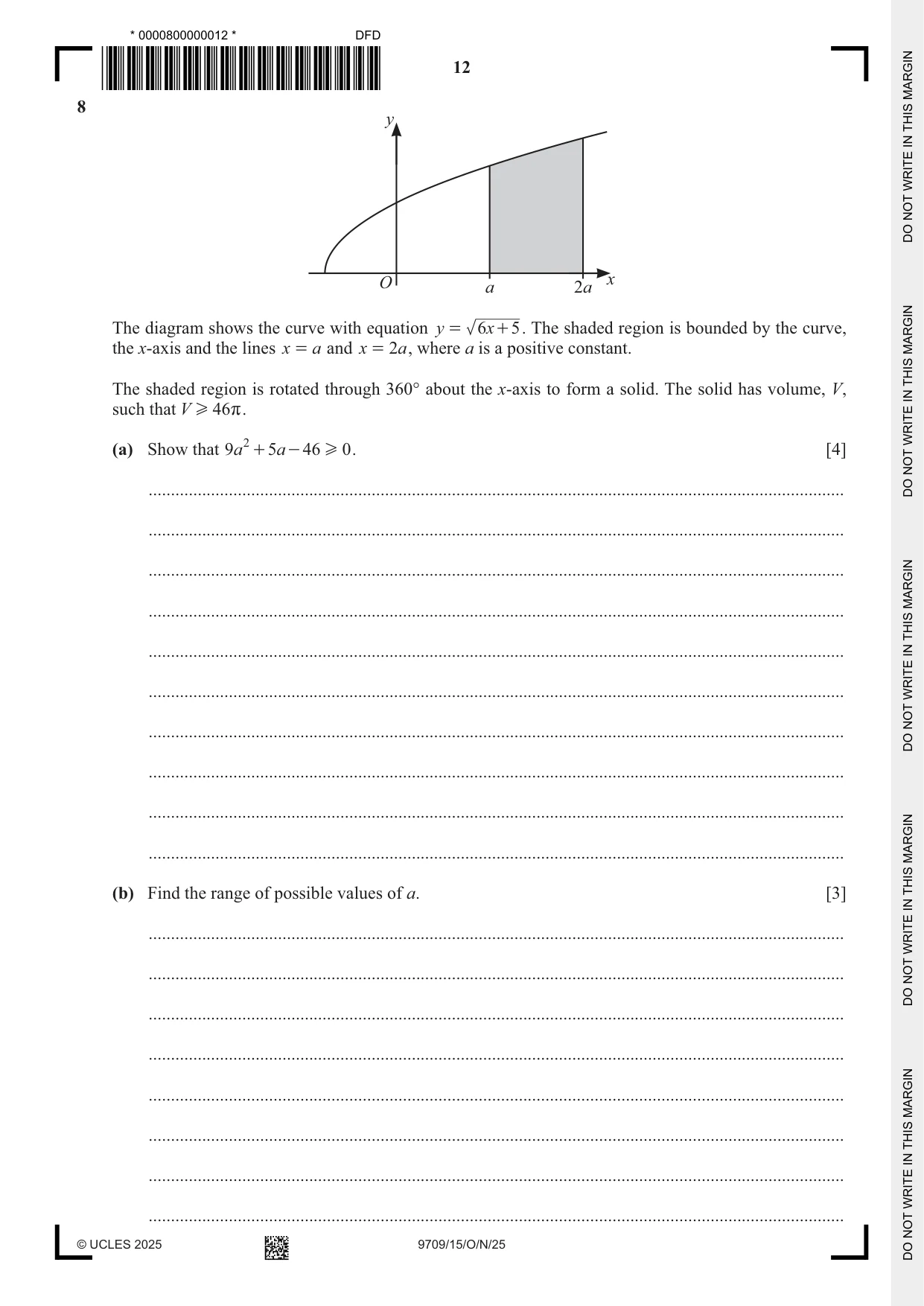 Cambridge A Level Mathematics 9709 2025 Oct/Nov Paper 1 · Variant 5 question paper, page 12 of 20
