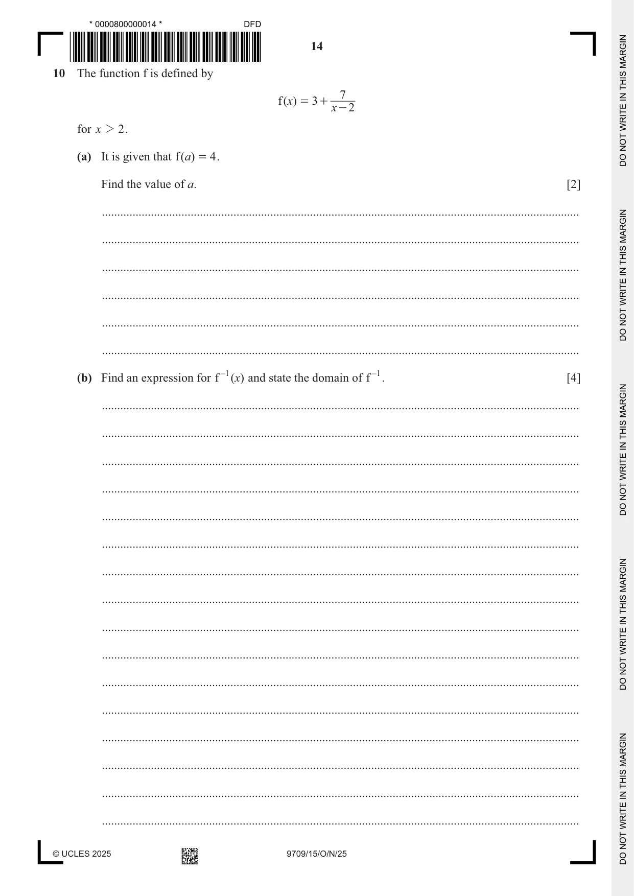 Cambridge A Level Mathematics 9709 2025 Oct/Nov Paper 1 · Variant 5 question paper, page 14 of 20