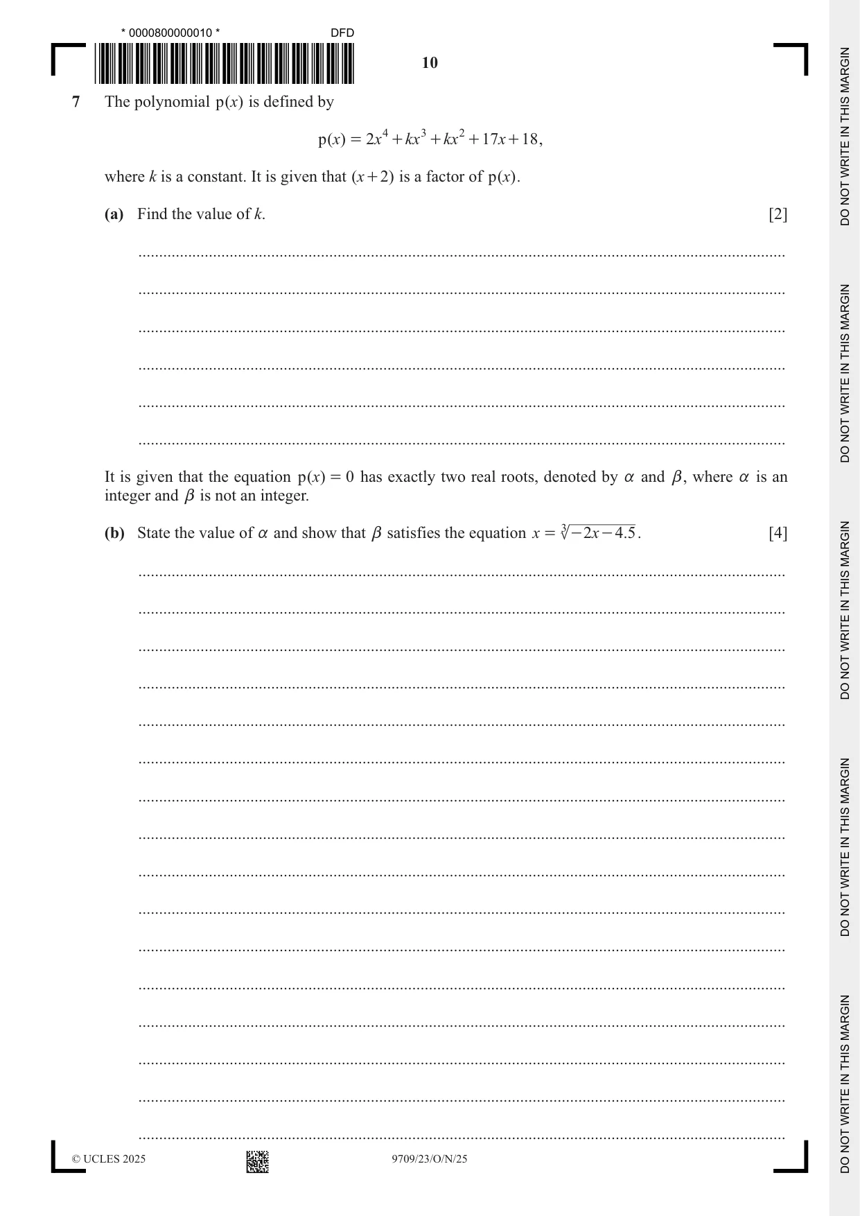 Cambridge A Level Mathematics 9709 2025 Oct/Nov Paper 2 · Variant 3 question paper, page 10 of 16