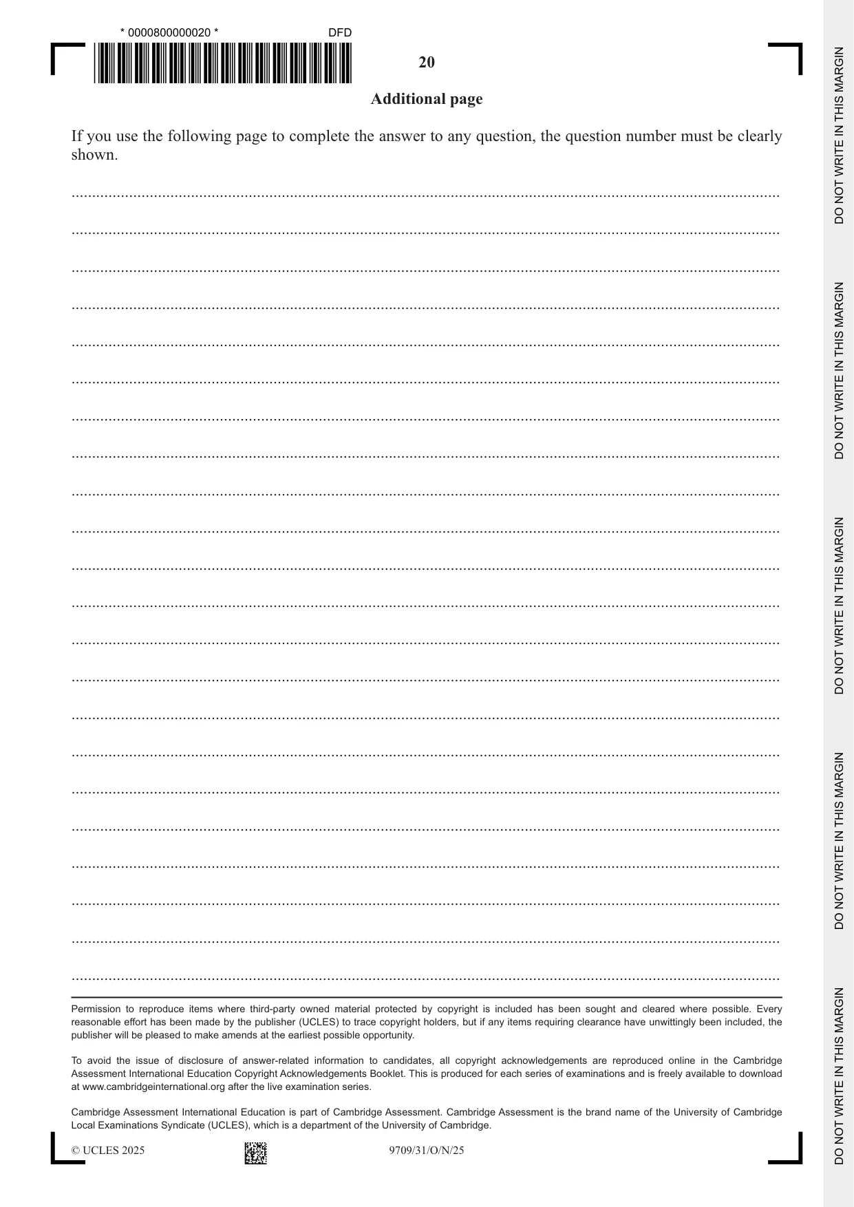 Cambridge A Level Mathematics 9709 2025 Oct/Nov Paper 3 · Variant 1 question paper, page 20 of 20