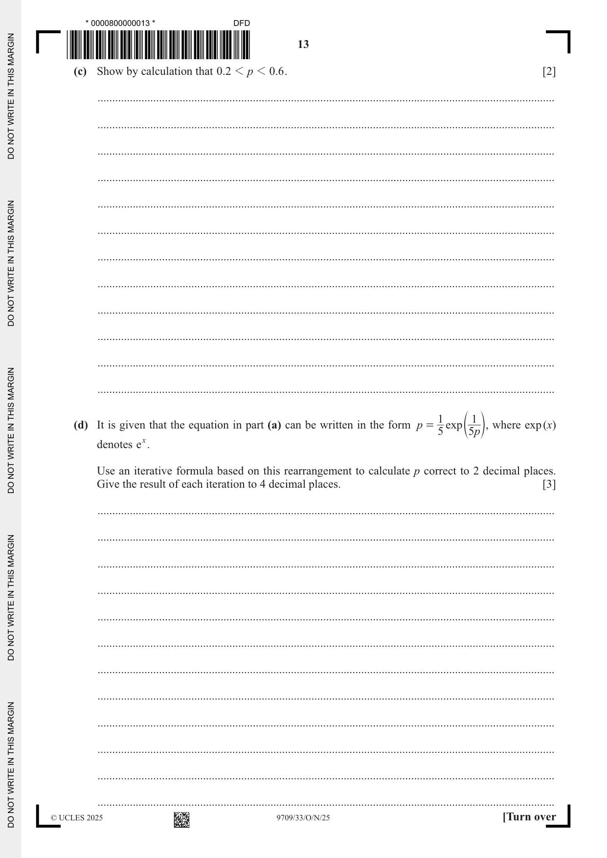 Cambridge A Level Mathematics 9709 2025 Oct/Nov Paper 3 · Variant 3 question paper, page 13 of 20
