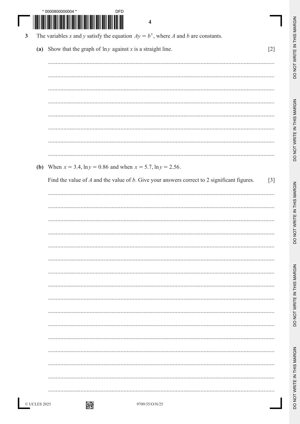 Cambridge A Level Mathematics 9709 2025 Oct/Nov Paper 3 · Variant 5 question paper, page 4 of 20