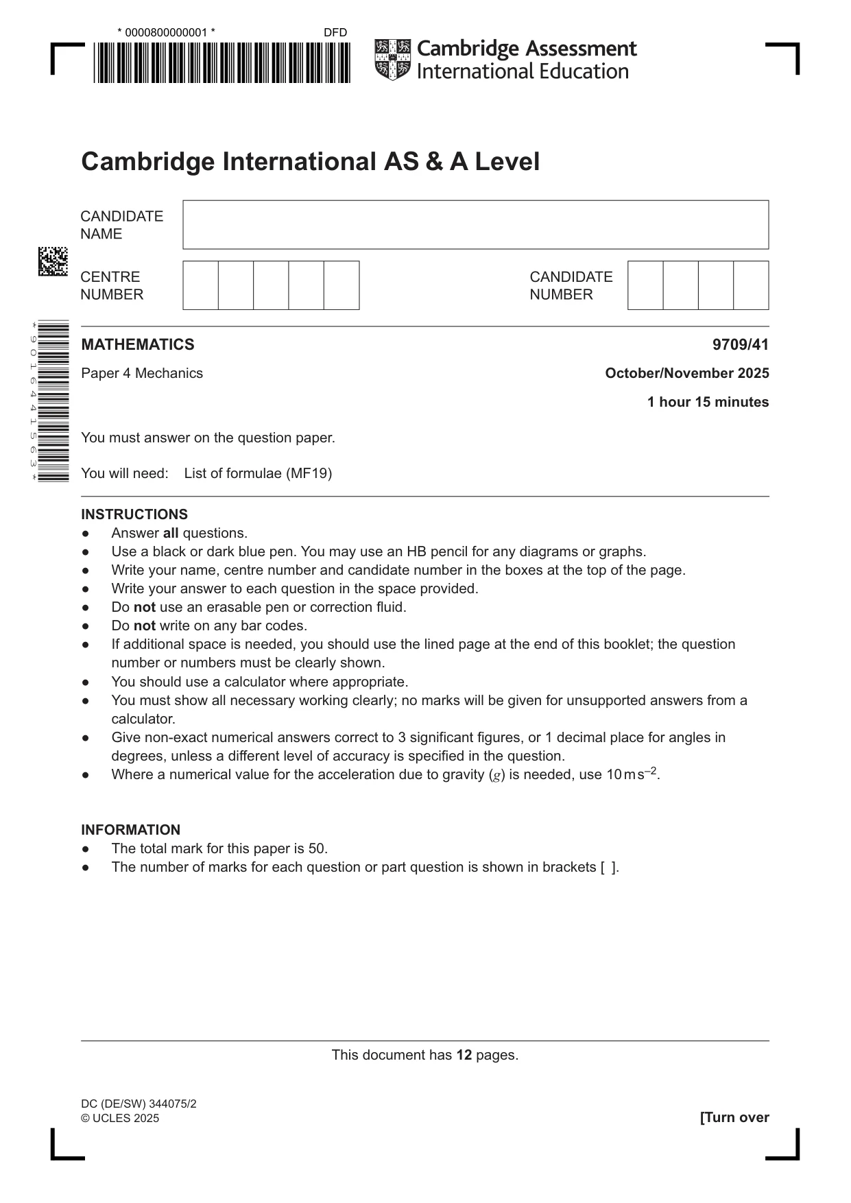 Cambridge A Level Mathematics 9709 2025 Oct/Nov Paper 4 · Variant 1 question paper, page 1 of 12