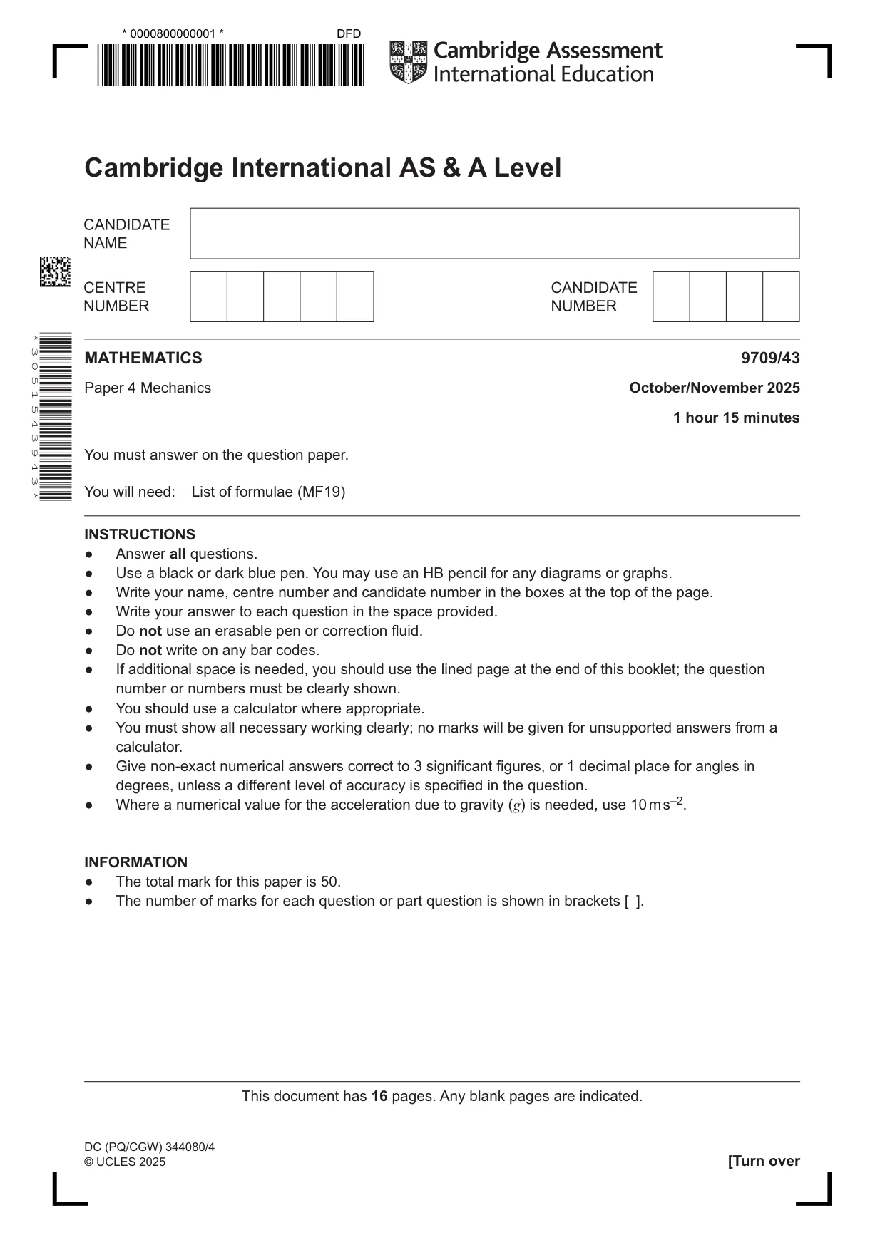 Cambridge A Level Mathematics 9709 2025 Oct/Nov Paper 4 · Variant 3 question paper, page 1 of 16
