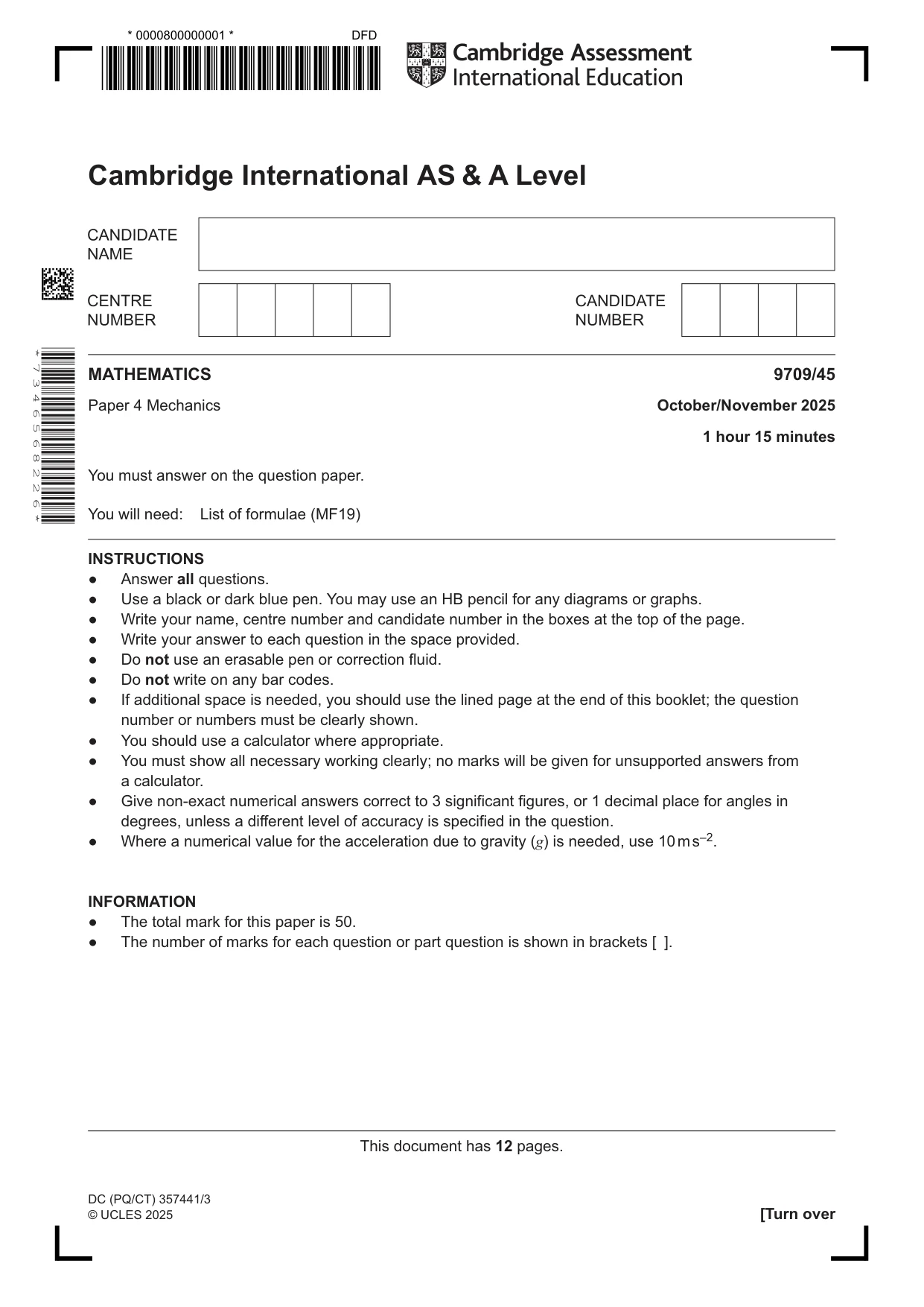 Cambridge A Level Mathematics 9709 2025 Oct/Nov Paper 4 · Variant 5 question paper, page 1 of 12