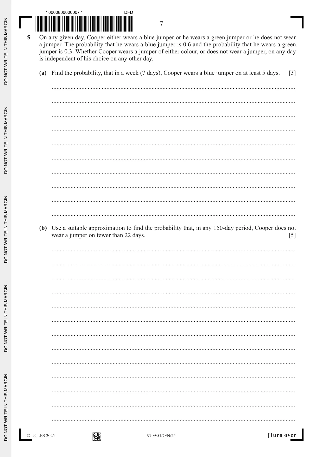 Cambridge A Level Mathematics 9709 2025 Oct/Nov Paper 5 · Variant 1 question paper, page 7 of 12