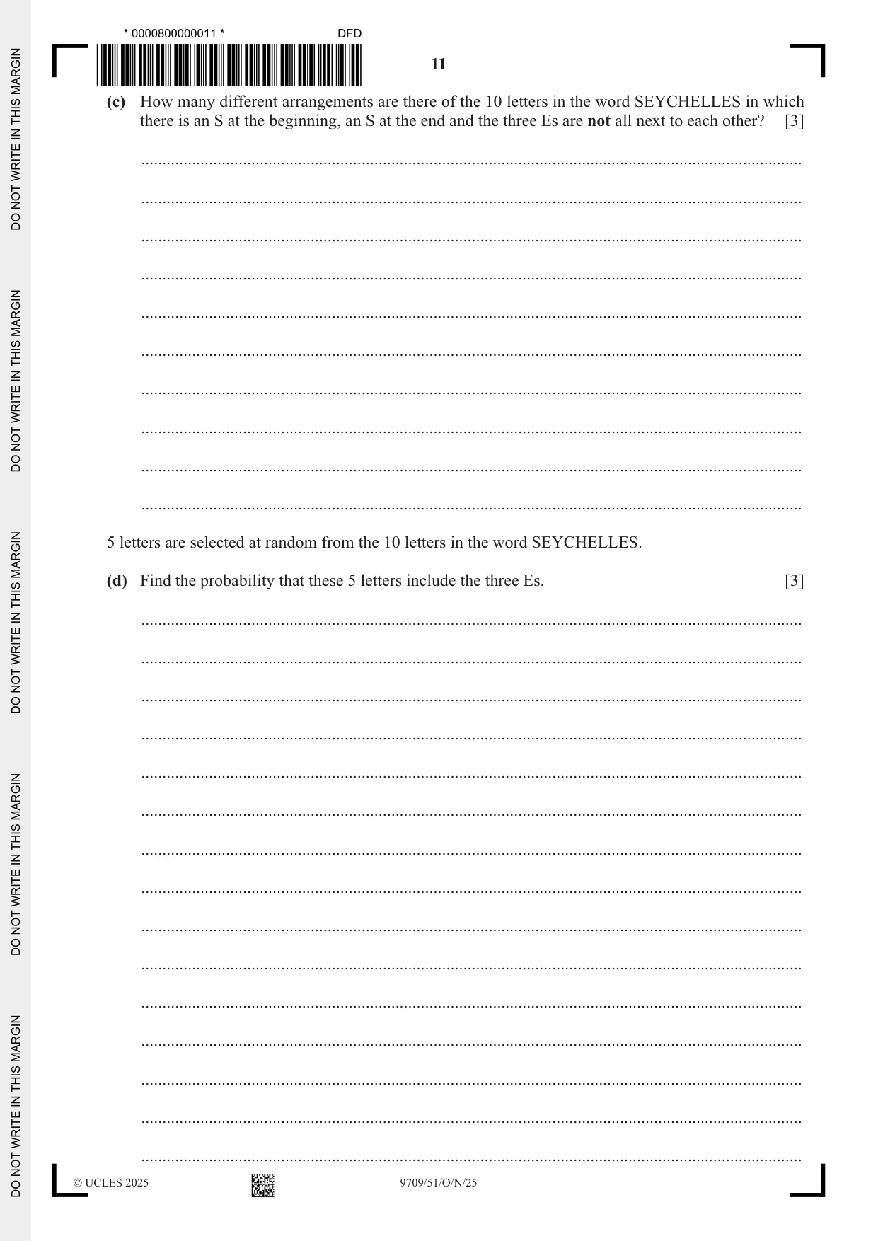 Cambridge A Level Mathematics 9709 2025 Oct/Nov Paper 5 · Variant 1 question paper, page 11 of 12