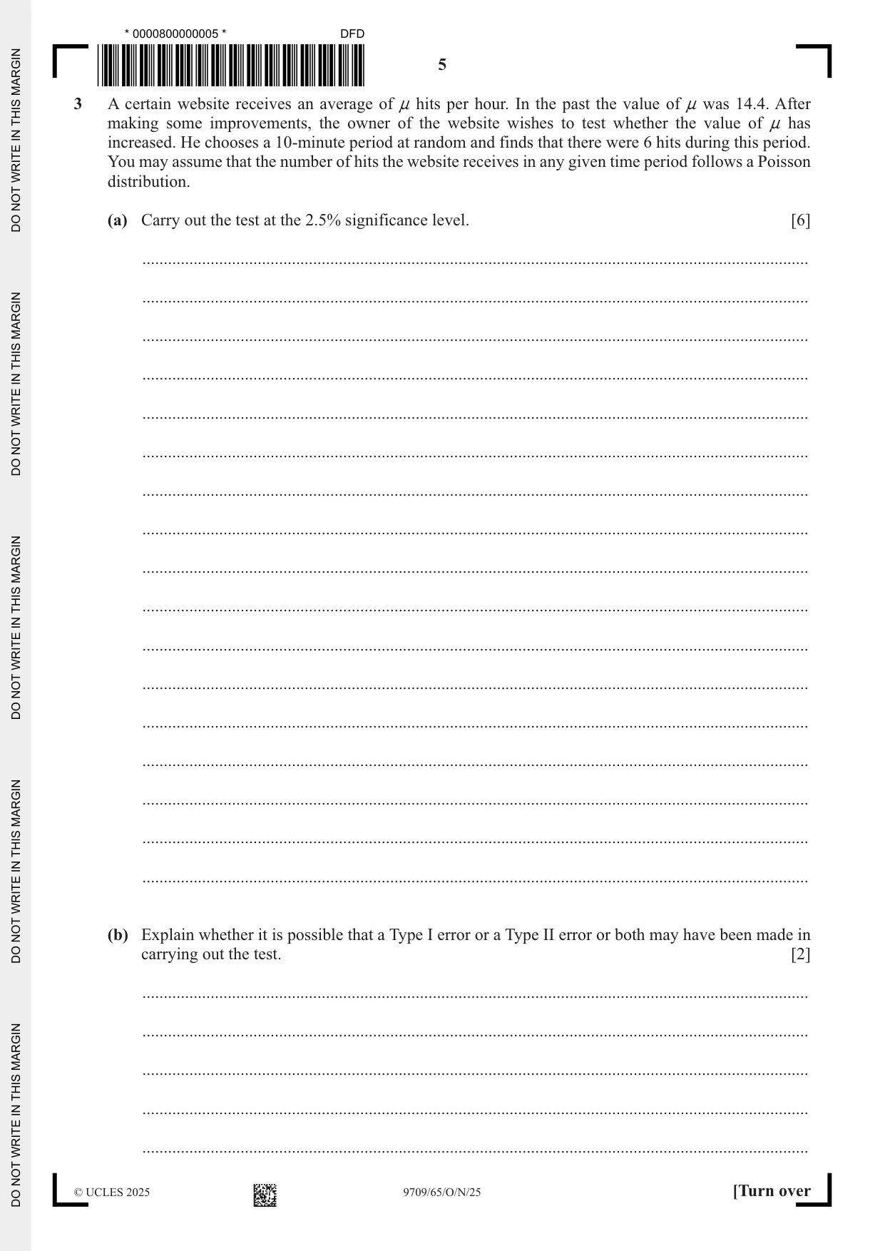 Cambridge A Level Mathematics 9709 2025 Oct/Nov Paper 6 · Variant 5 question paper, page 5 of 12