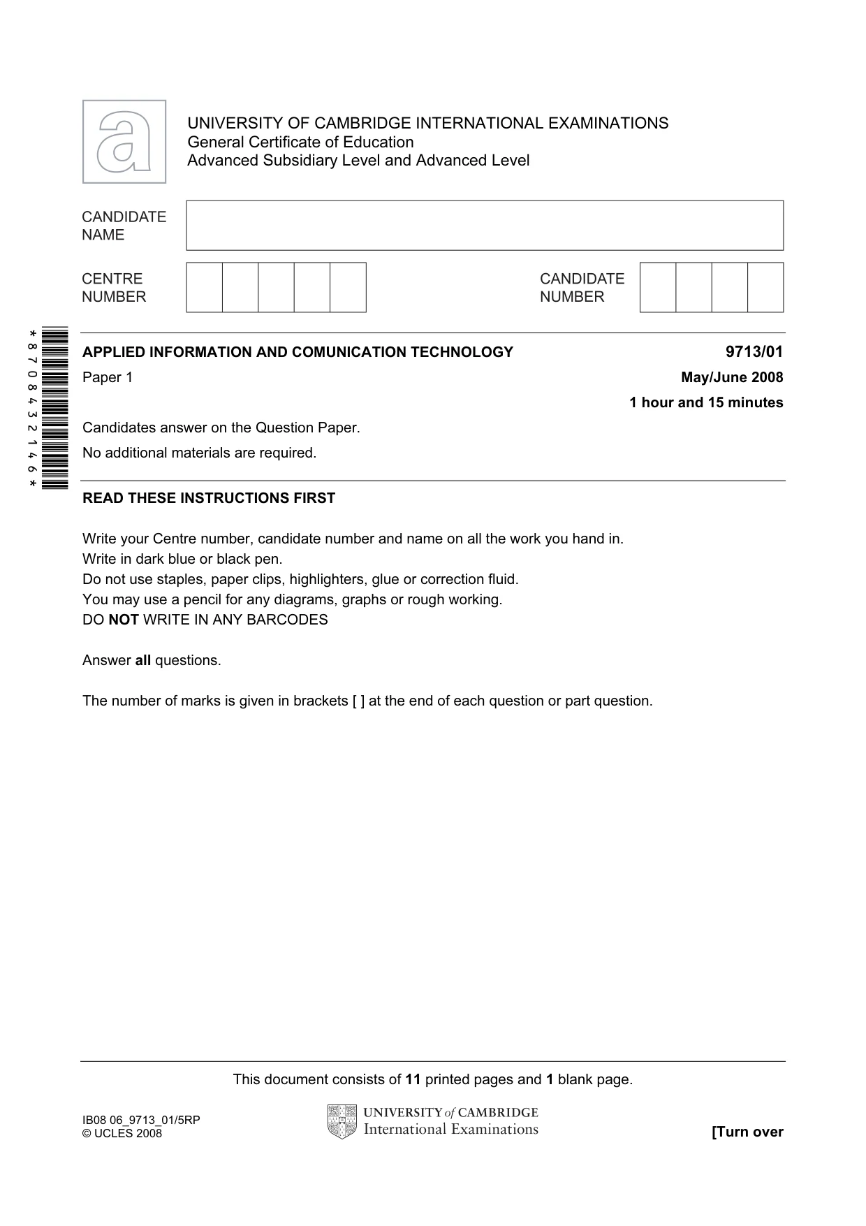 Cambridge A Level Applied Information and Communication Technology 9713 2008 May/June Paper 1 · Variant 1 question paper, page 1 of 12