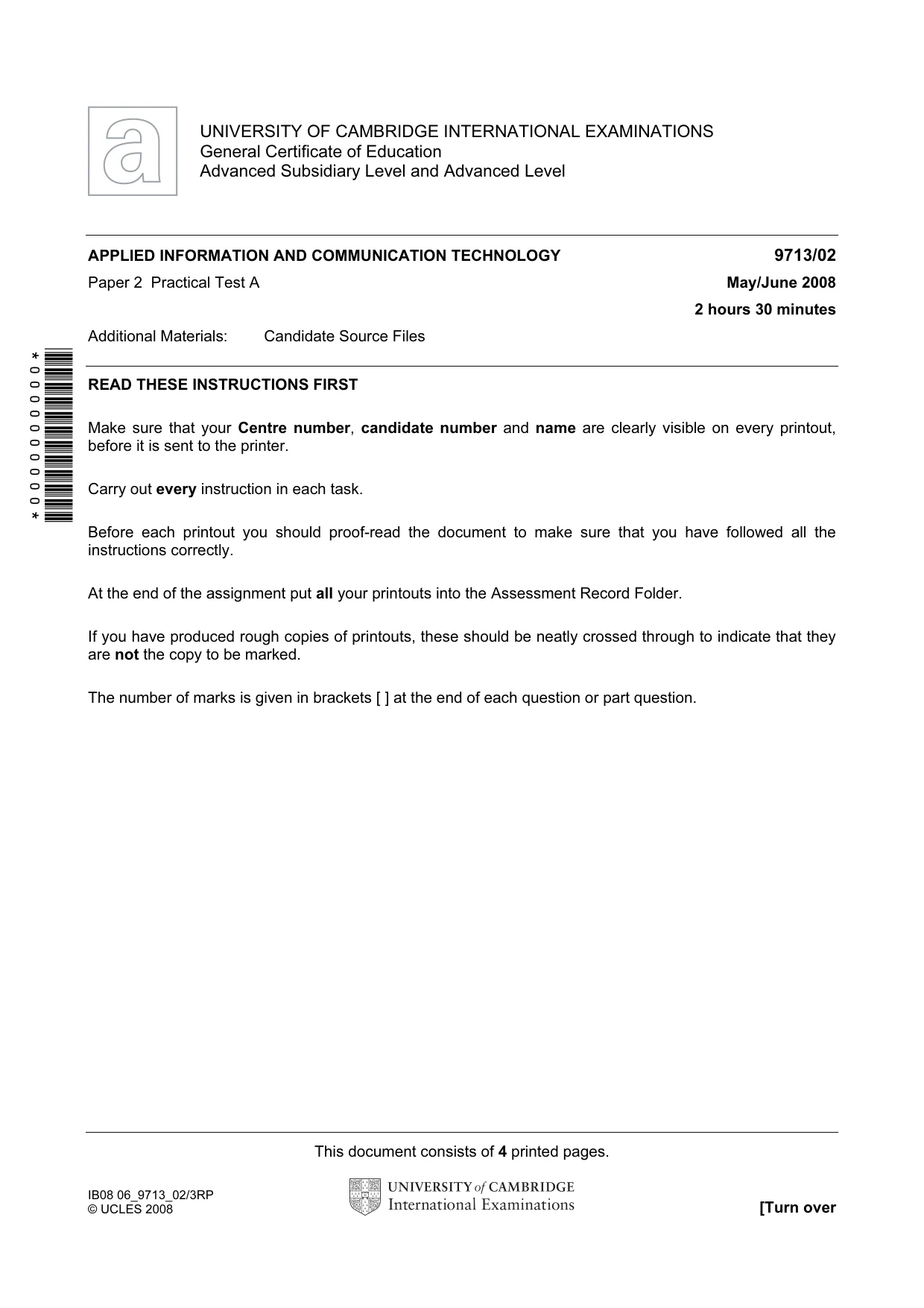 Cambridge A Level Applied Information and Communication Technology 9713 2008 May/June Paper 2 · Variant 1 question paper, page 1 of 4