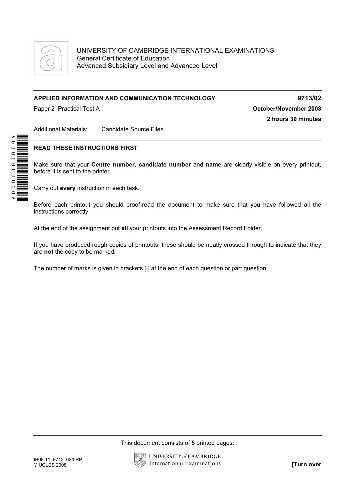 Cambridge A Level Applied Information and Communication Technology 9713 2008 Oct/Nov Paper 2 · Variant 1 question paper, page 1 of 5